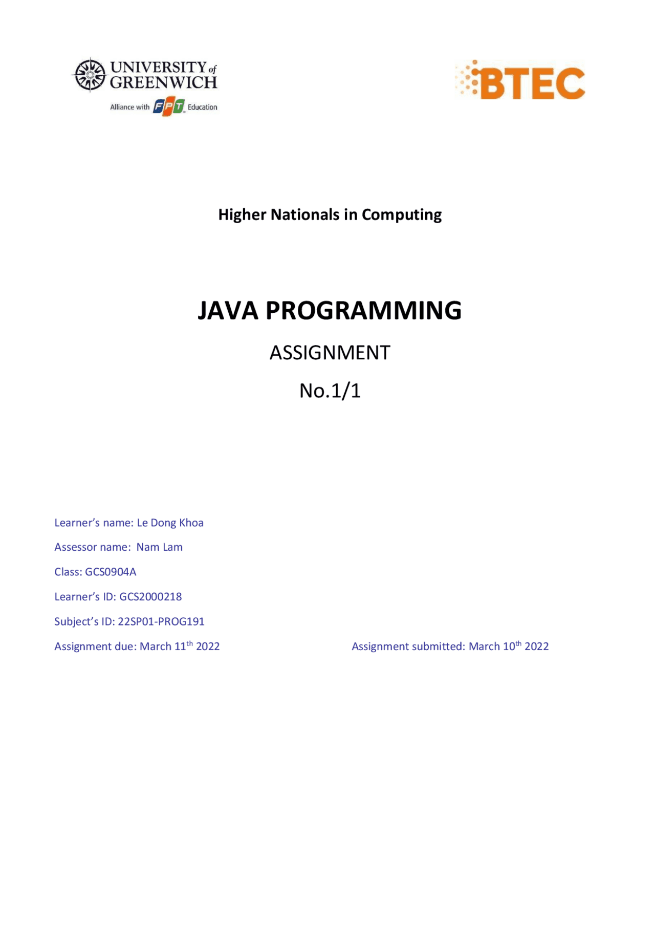 Java Assignment BTEC | Assignments Java Programming | Docsity