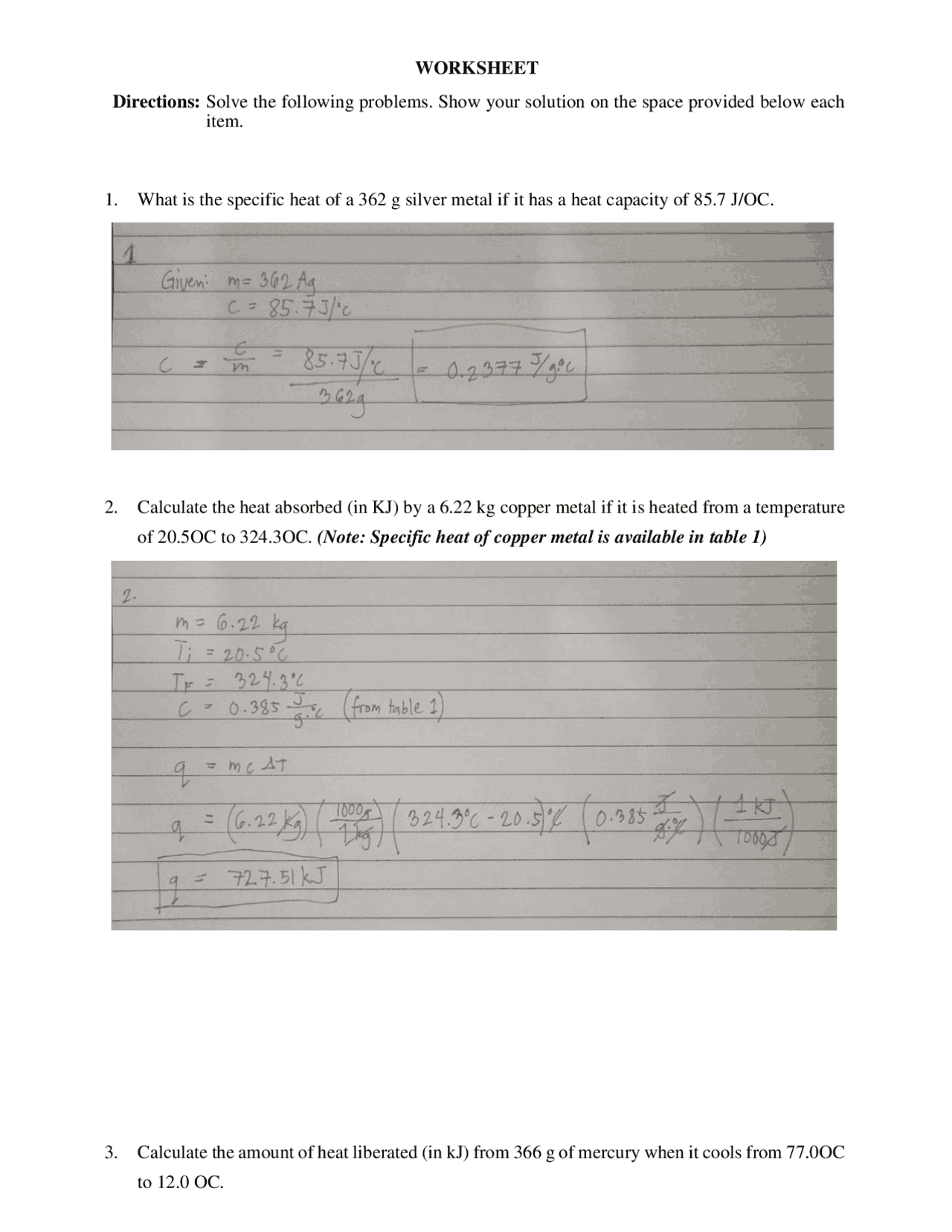 Examples Calorimetry Problem Worksheet CALORIMETRY WORKSHEET (COMPUTATIONAL) | Assignments Chemistry | Docsity