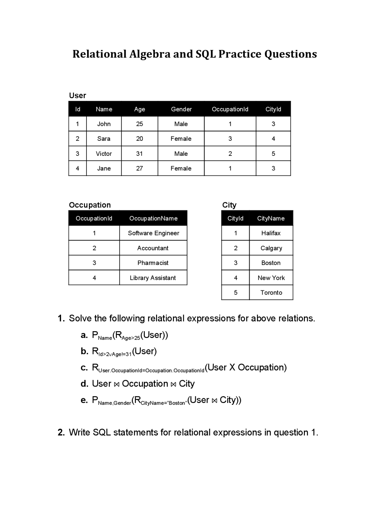 Relational Algebra and SQL Practice Questions | Exercises Computer ...
