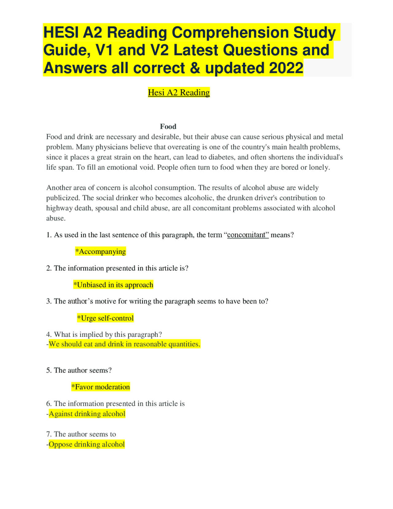 HESI A2 Reading Comprehension Study Guide, V1 and V2 Latest Questions ...