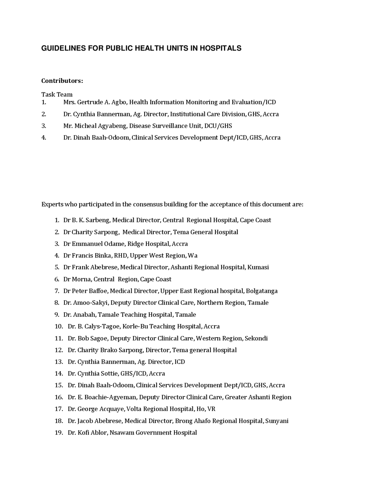 Unit Guidelines GUIDELINES FOR PUBLIC HEALTH UNITS IN HOSPITALS | Summaries Public ...
