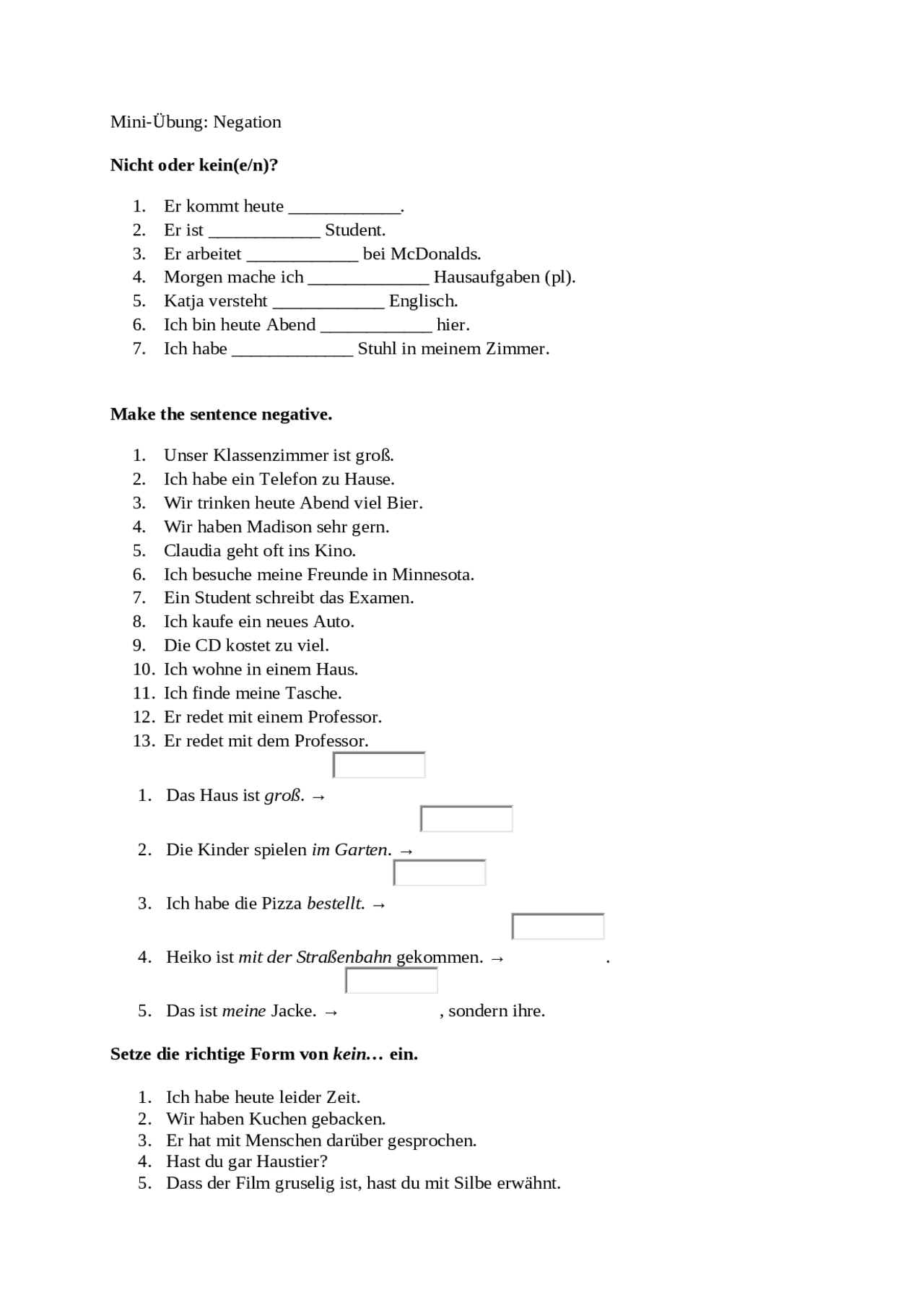 Negation übungen (Deutsch) | Ejercicios de Idioma Alemán | Docsity