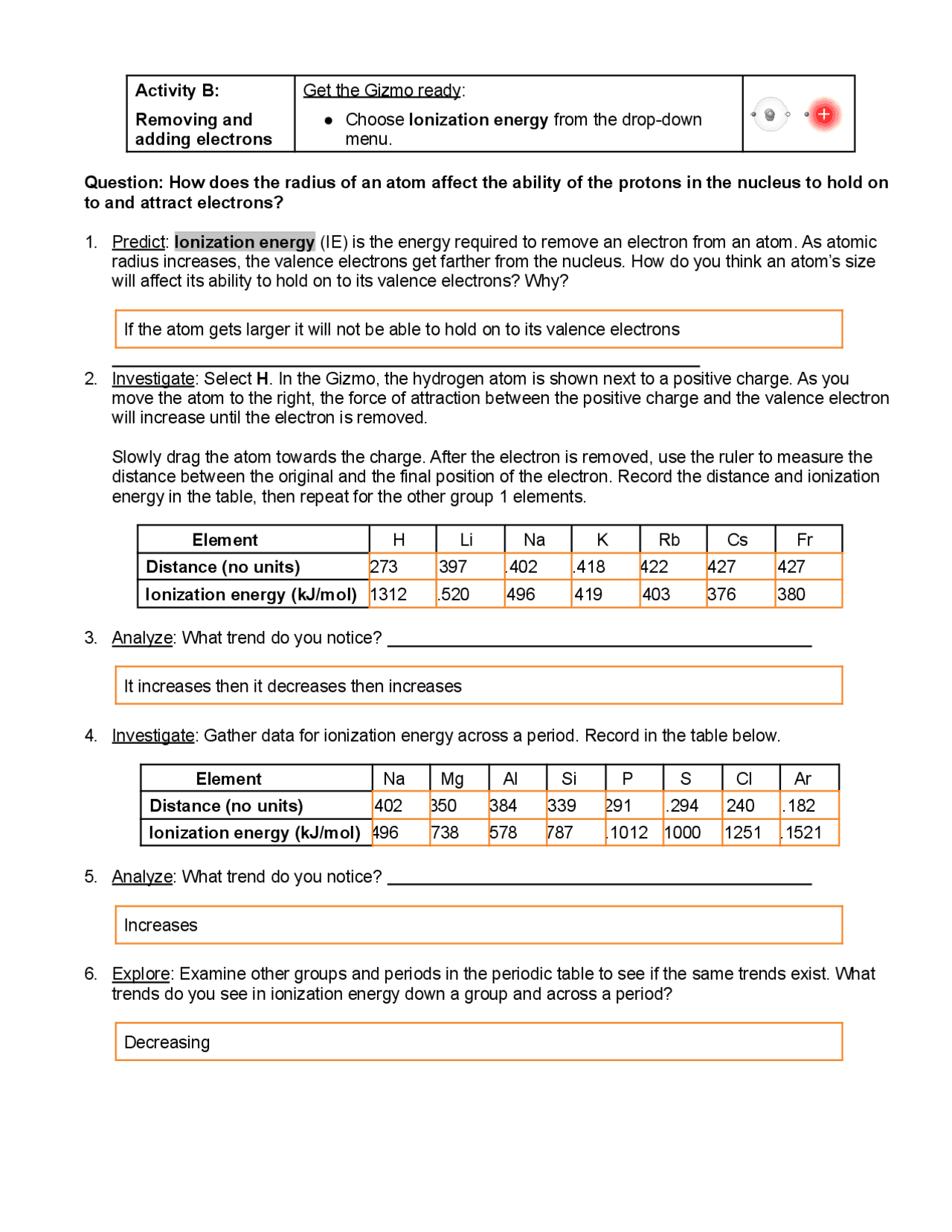 Gizmos Periodic Trends PartB | Study notes Chemistry | Docsity