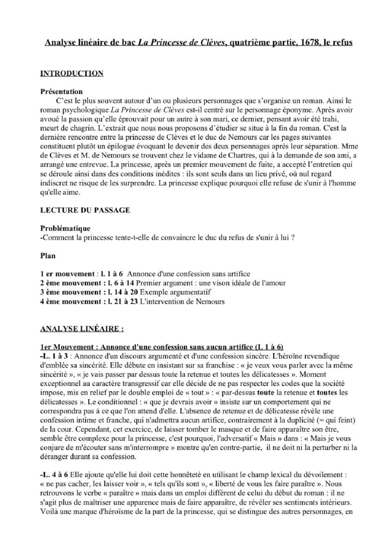 Commentaire Princesse De Cleves Renoncement Analyse linéaire, le refus, la Princesse de Clèves | Résumés Français |  Docsity