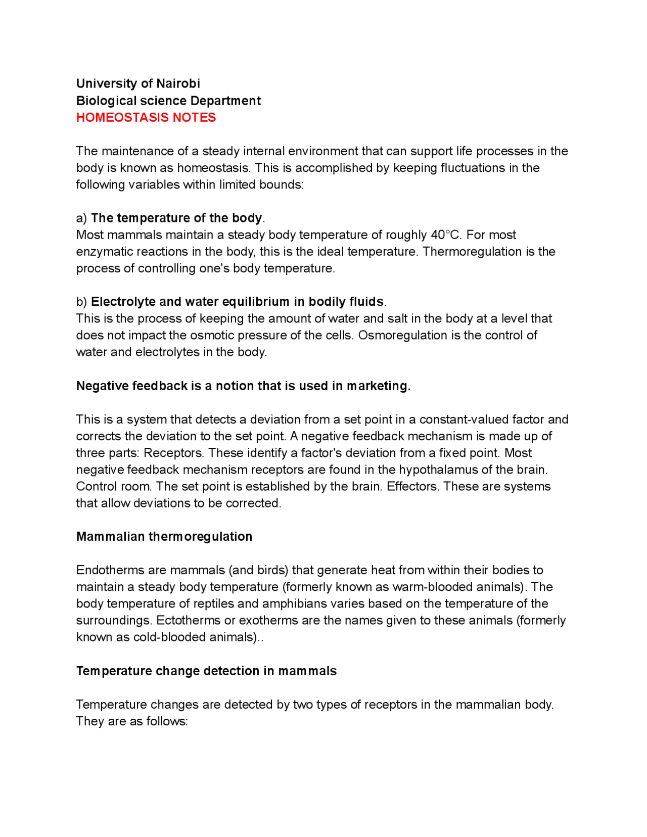 HOMEOSTASIS quick study Notes | Study notes Biology | Docsity