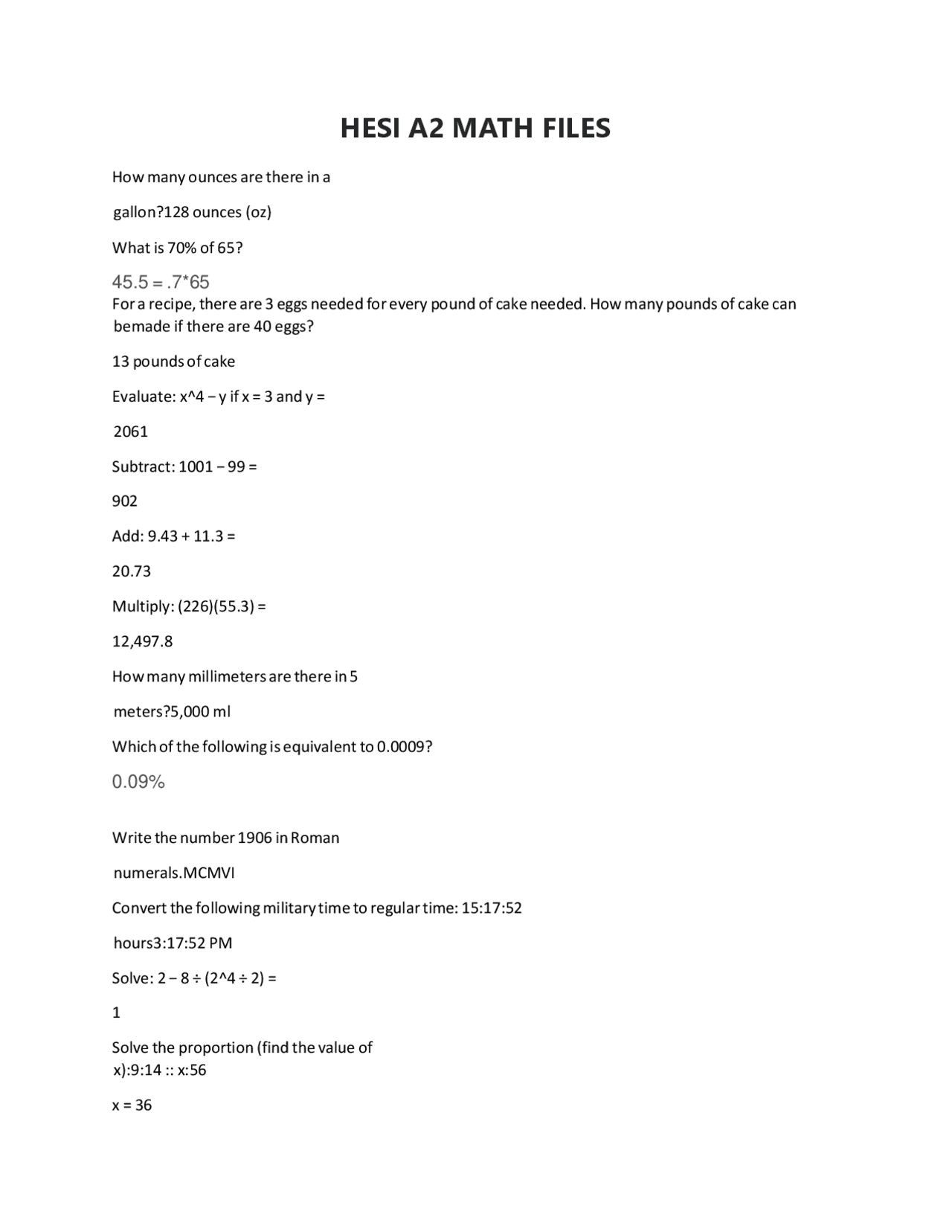 HESI A2 MATH FILES/HESI A2 MATH FILES. | Exams Nursing | Docsity