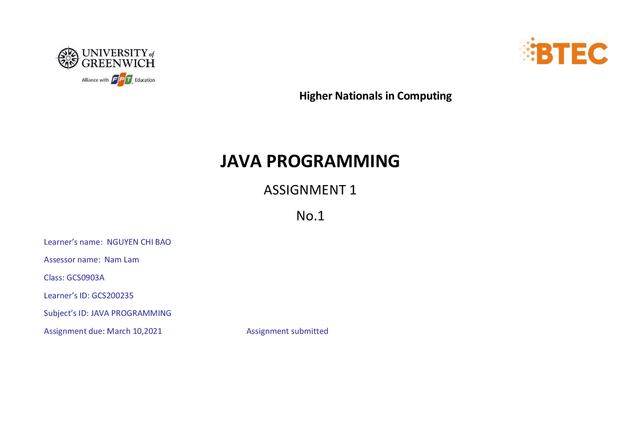Java assignment 1 Greenwich | Essays (university) Java Programming ...