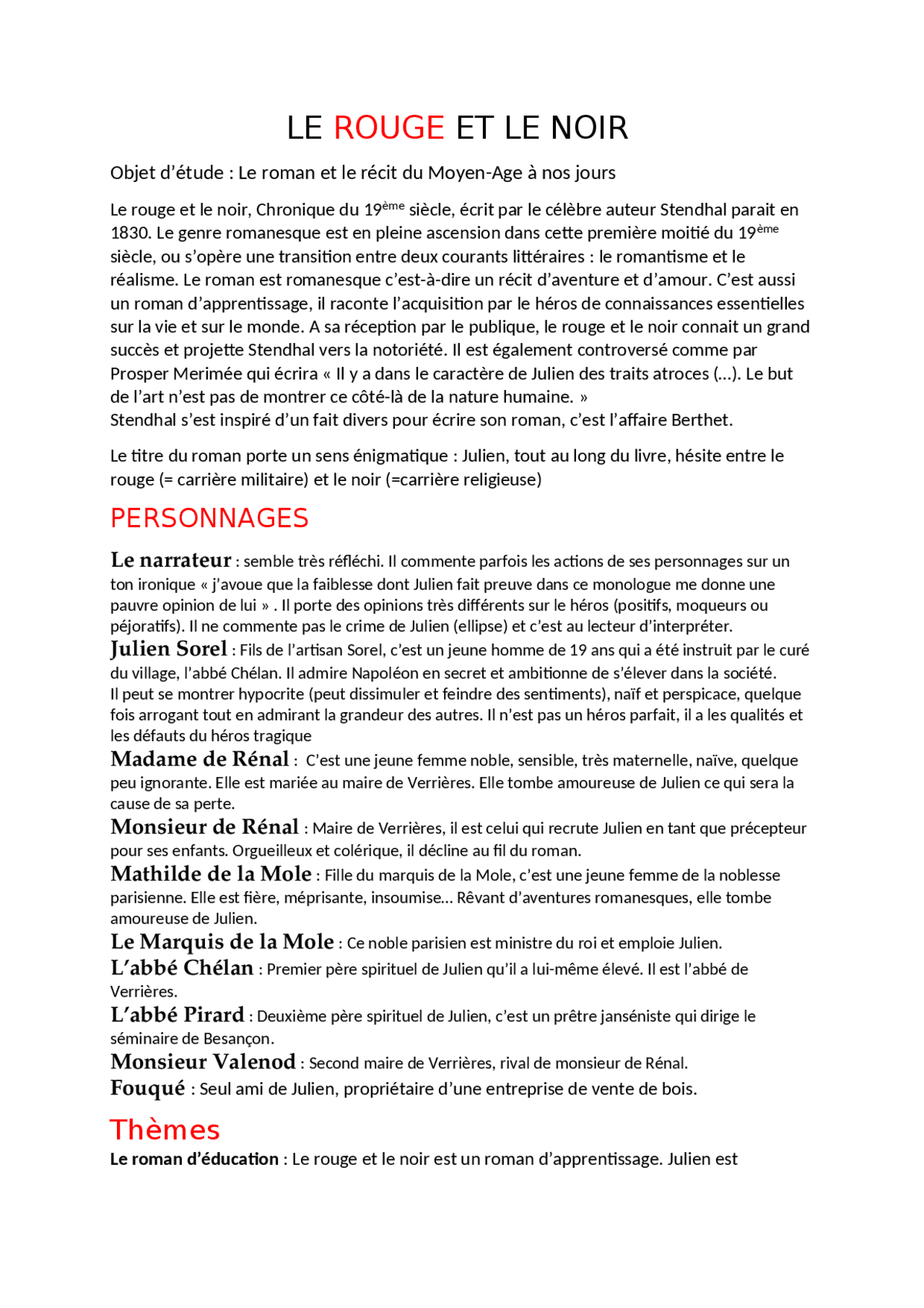 Dissertation Le Rouge Et Le Noir Roman D apprentissage LE ROUGE ET LE NOIR | Notes Français | Docsity