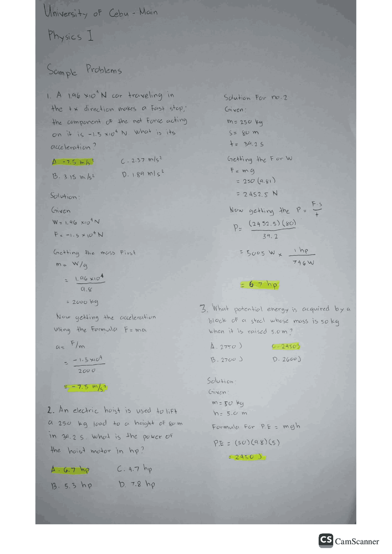 Physics Sample Problems Physics I Sample Problems | Exercises Physics | Docsity