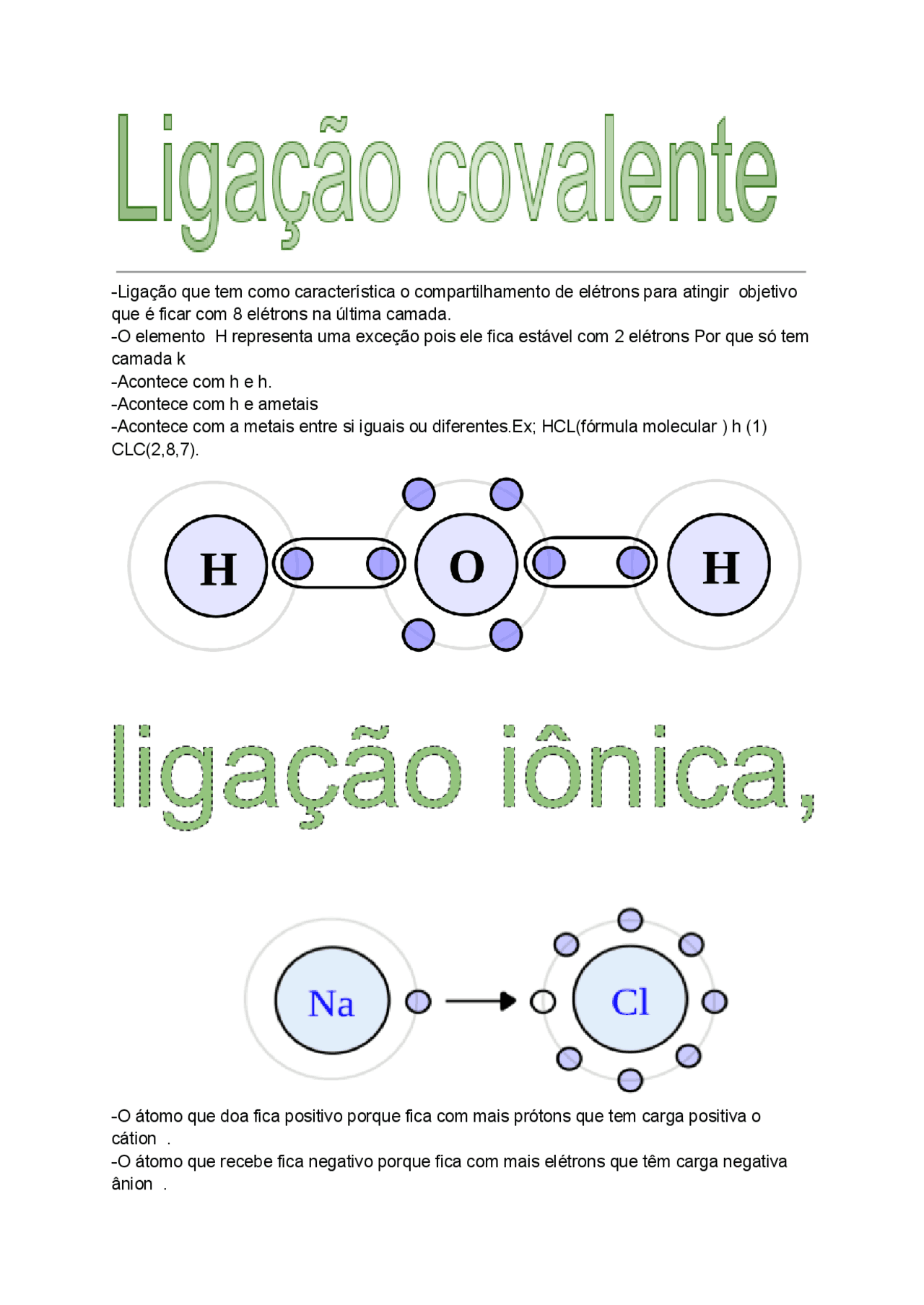 Ligação química iônica e covalente exemplos etc - Docsity