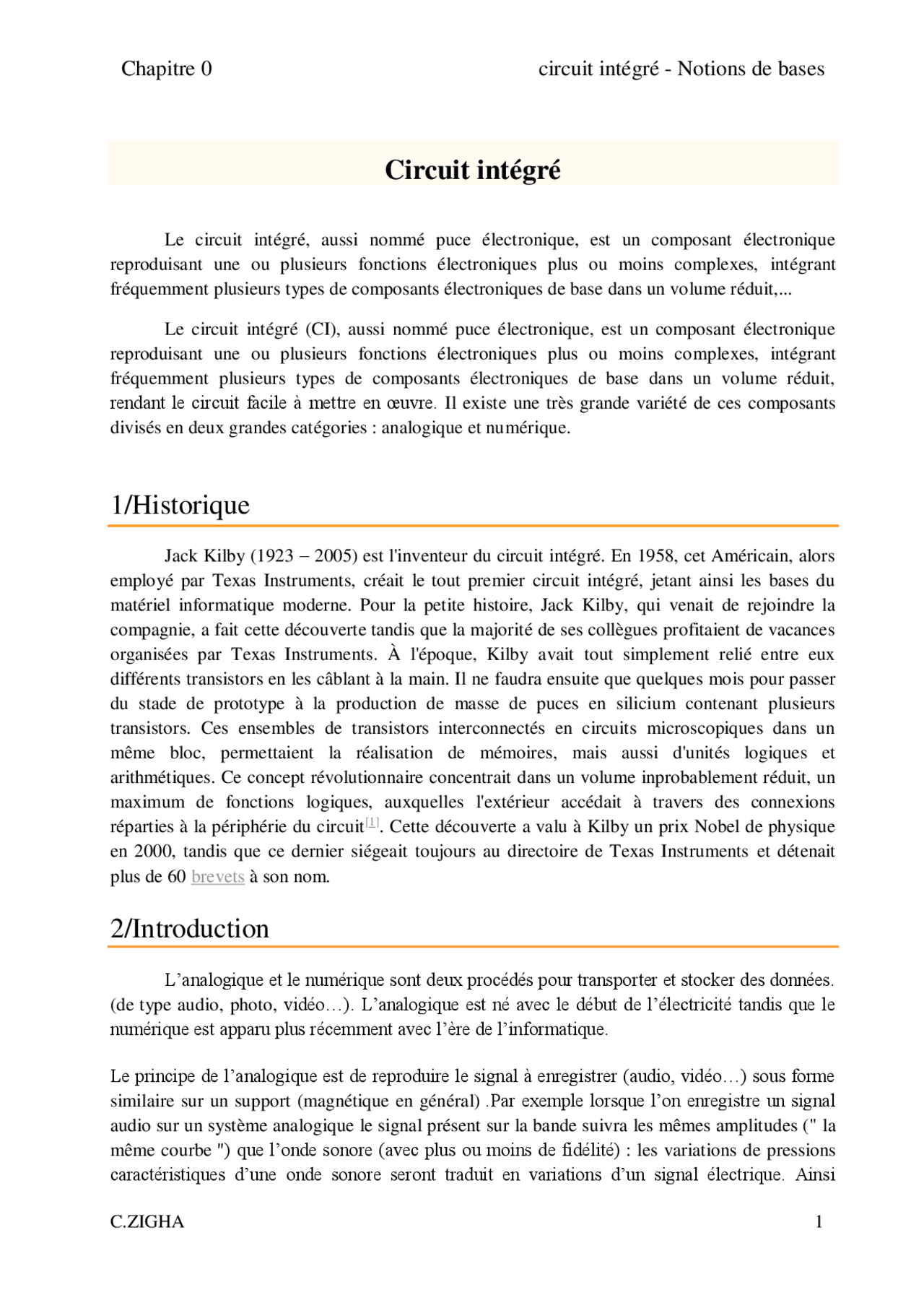 circuit intégré - Notions de bases | Cheat Sheet Electronics | Docsity