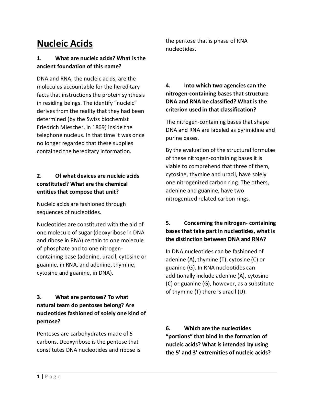 Nucleic Acids Question and answers Essays (high school) Biology Docsity