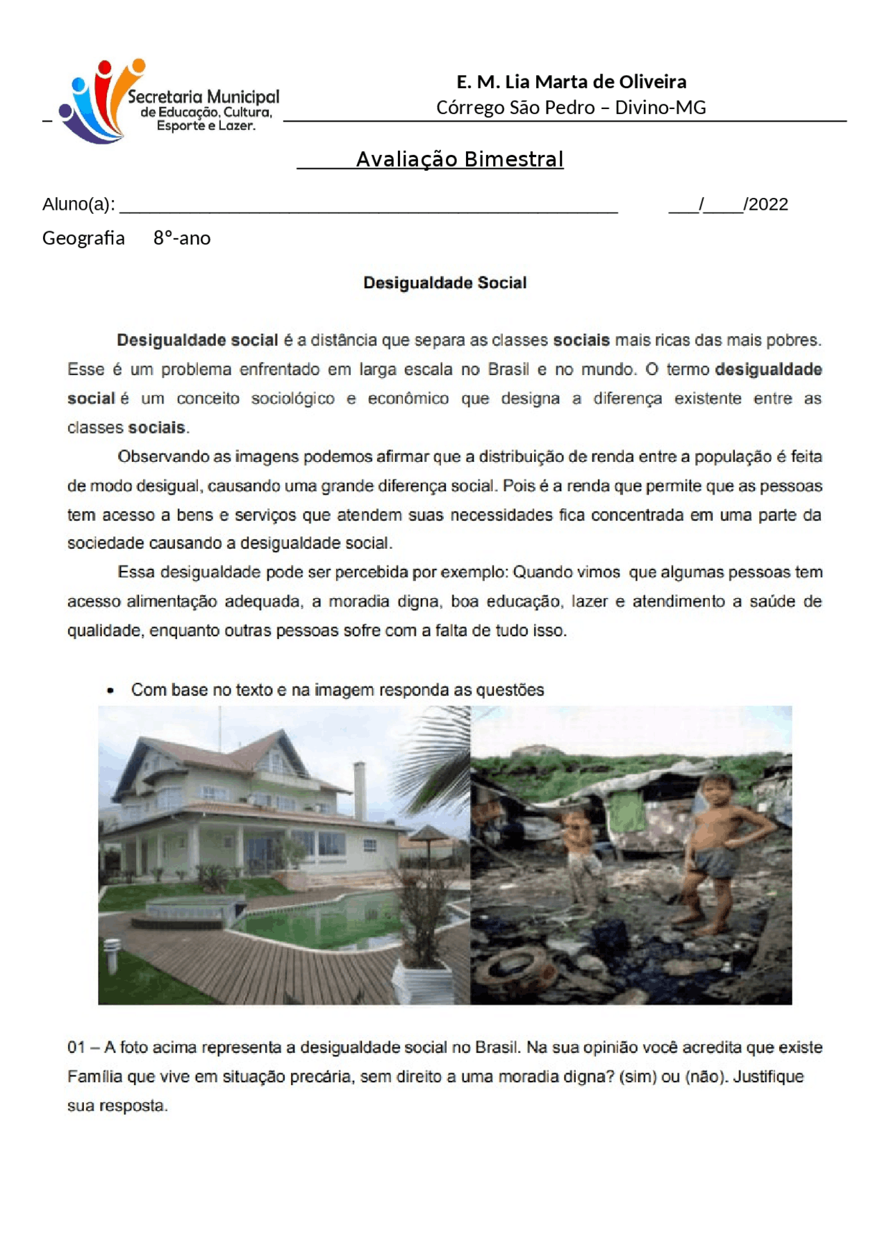 Atividade Sobre Desigualdade Social Com Gabarito - GITEDU