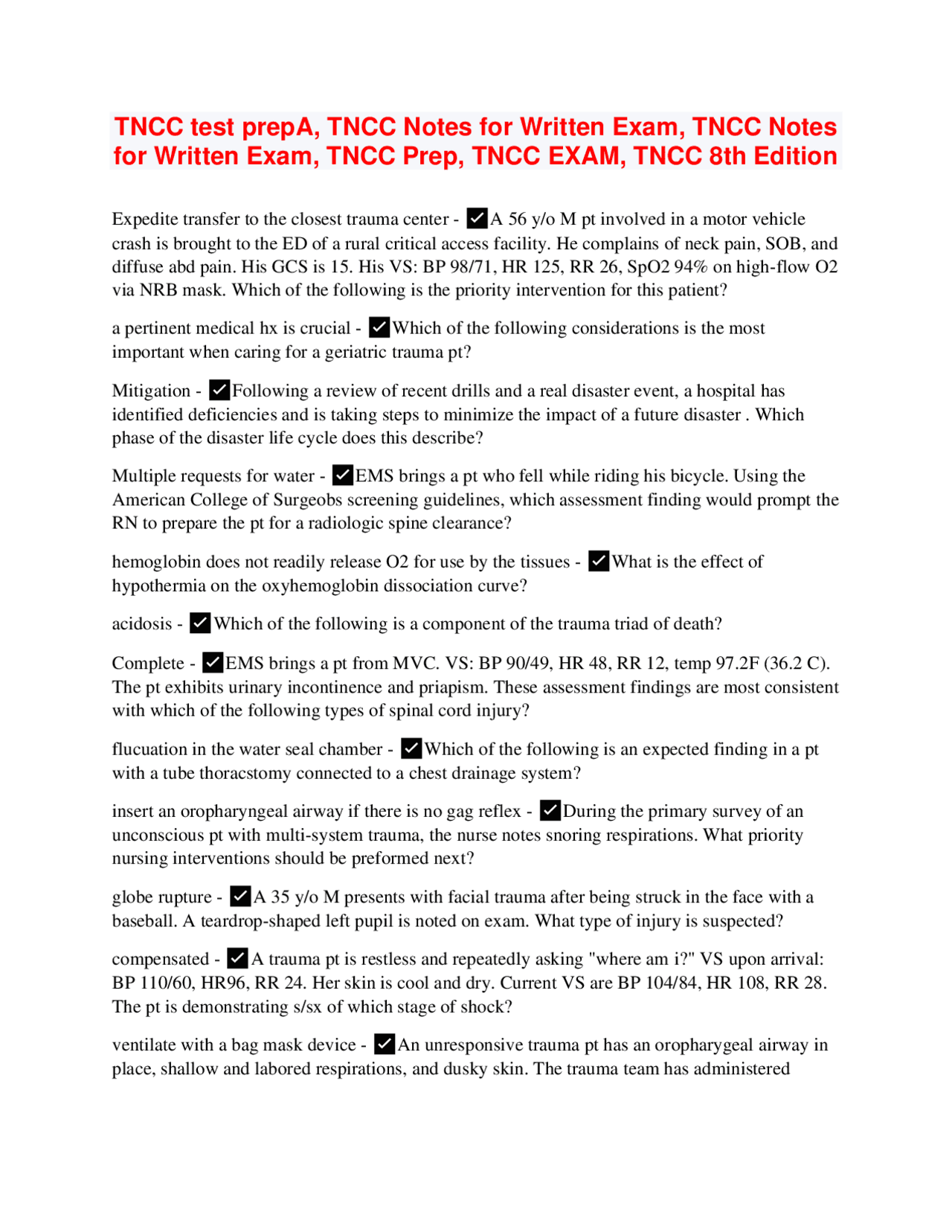 TNCC test prepA, TNCC Notes for Written Exam, TNCC Notes for Written ...
