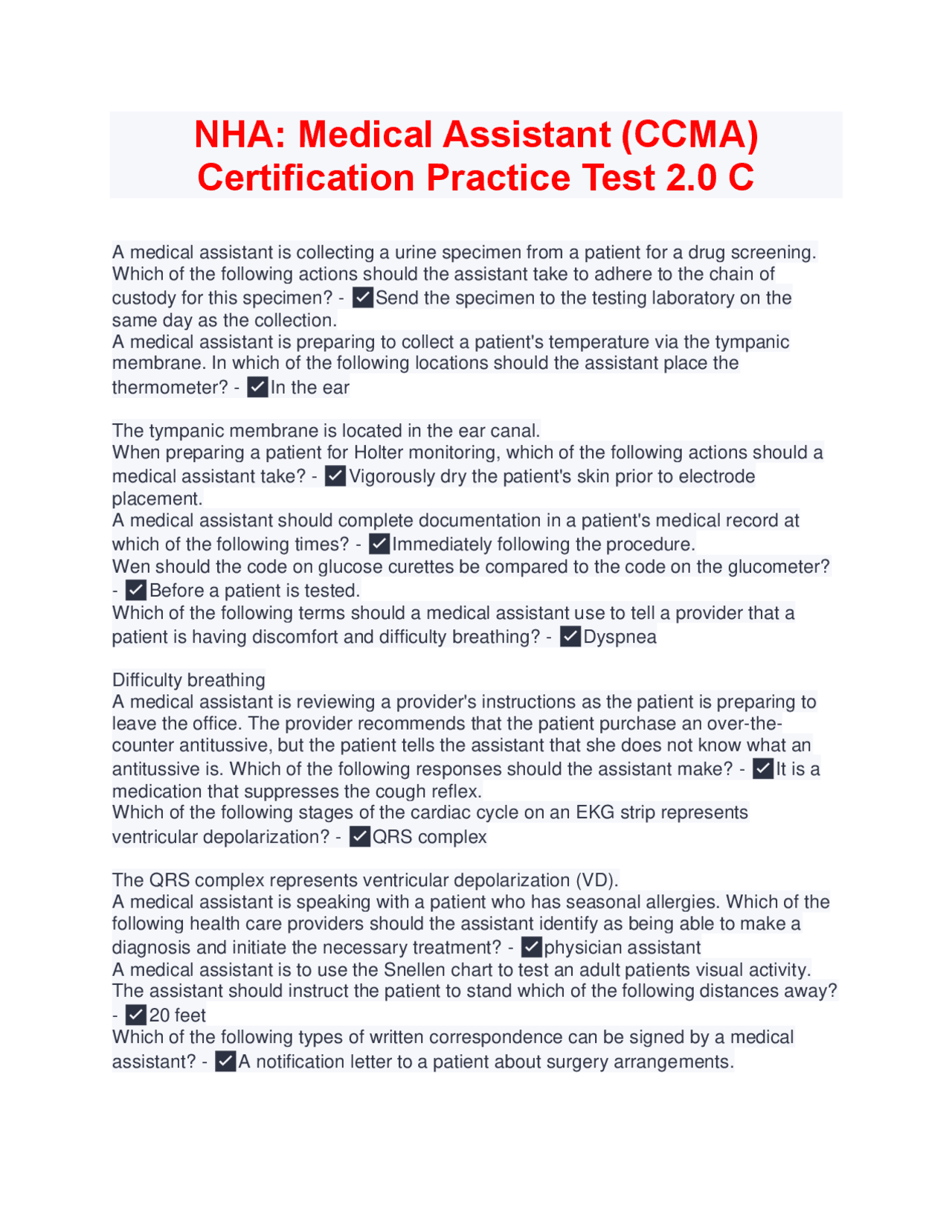 NHA: Medical Assistant (CCMA) Certification Practice Test 2.0 C | Exams ...