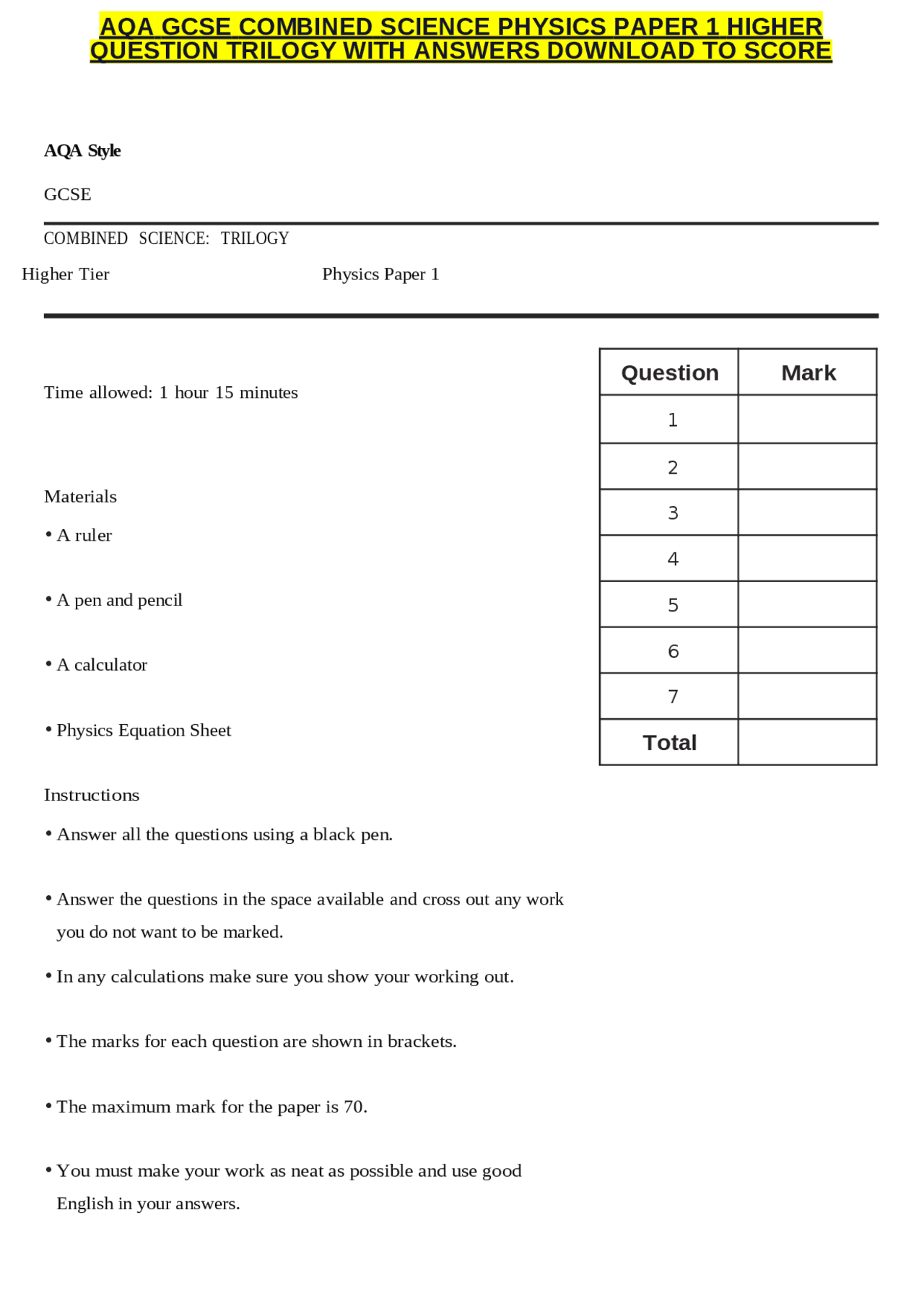 AQA GCSE COMBINED SCIENCE PHYSICS PAPER 1 HIGHER QUESTION TRILOGY WITH ...