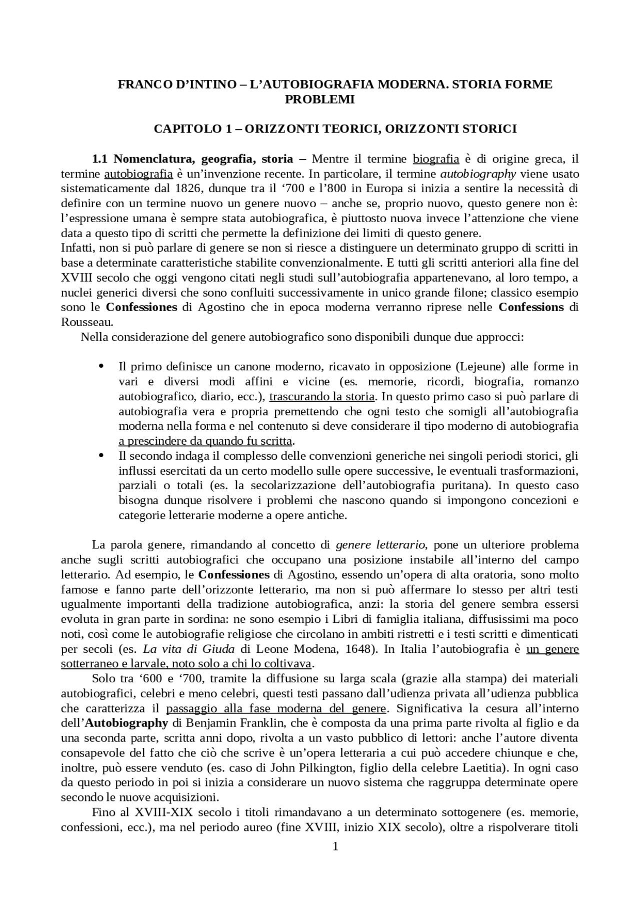 SINTESI FRANCO D'INTINO - L'AUTOBIOGRAFIA MODERNA | Sintesi del corso ...