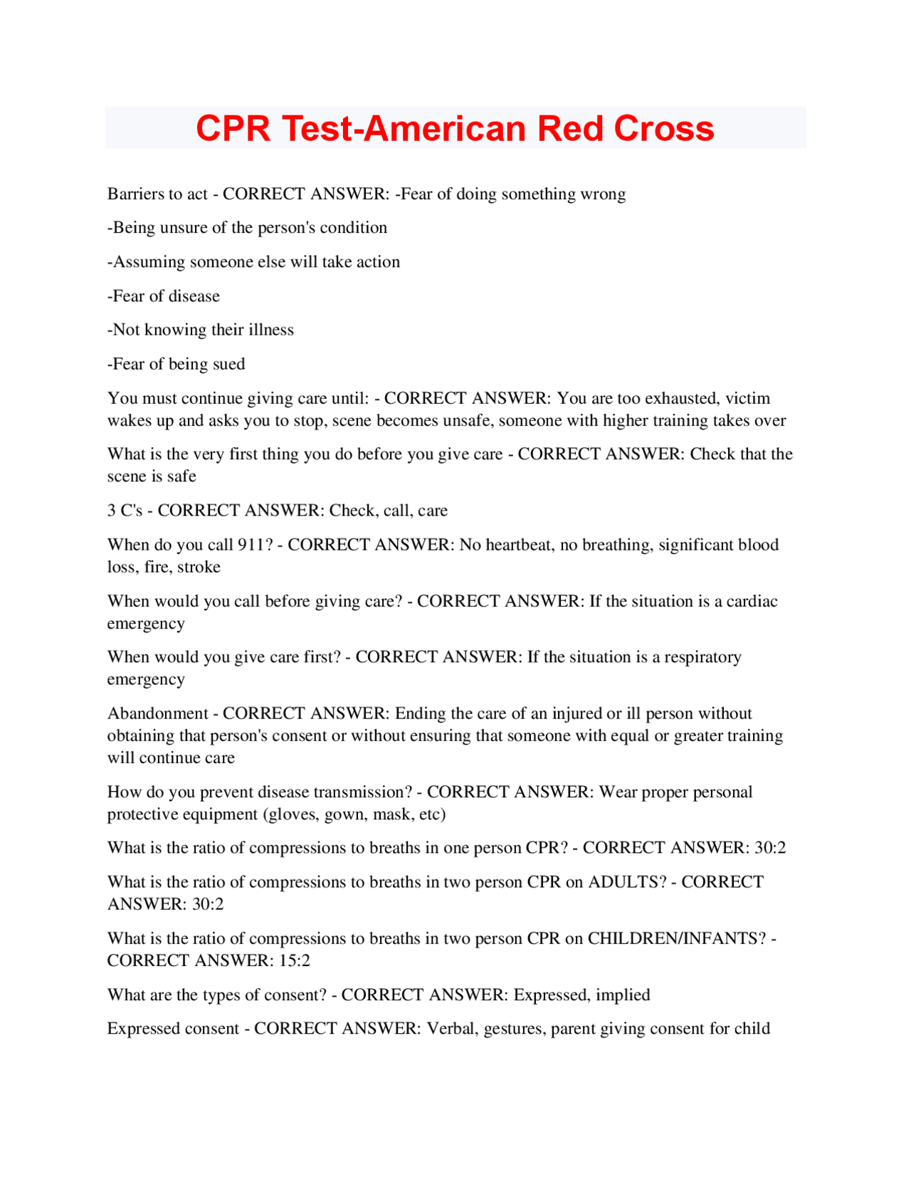CPR Test-American Red Cross Complete Solution | Exams Nursing | Docsity