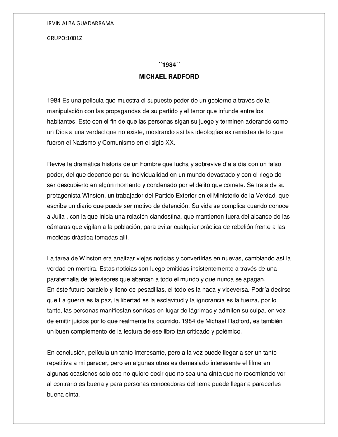 1984 resumen pelicula Resúmenes de Teoría del Cine Docsity