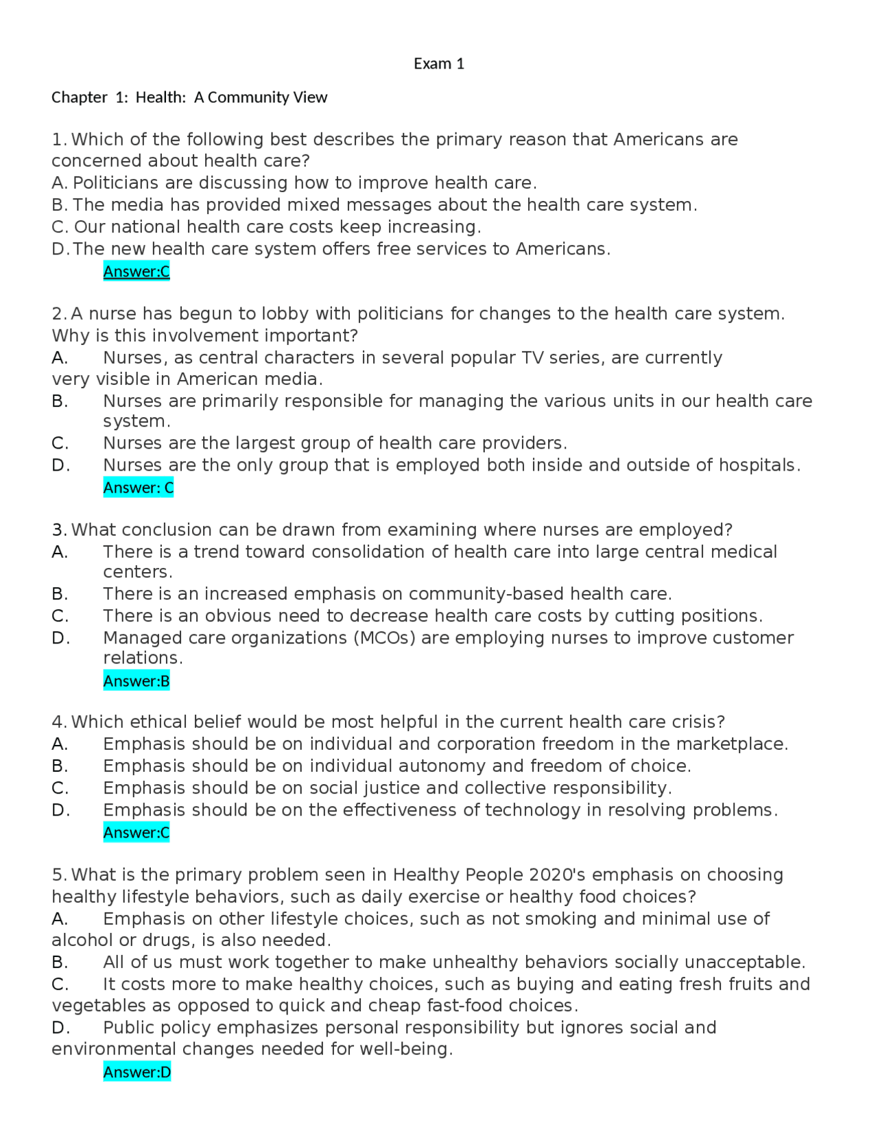 NursingNR 442NR442 Community Health Nursing Exam 1 Practice Questions ...