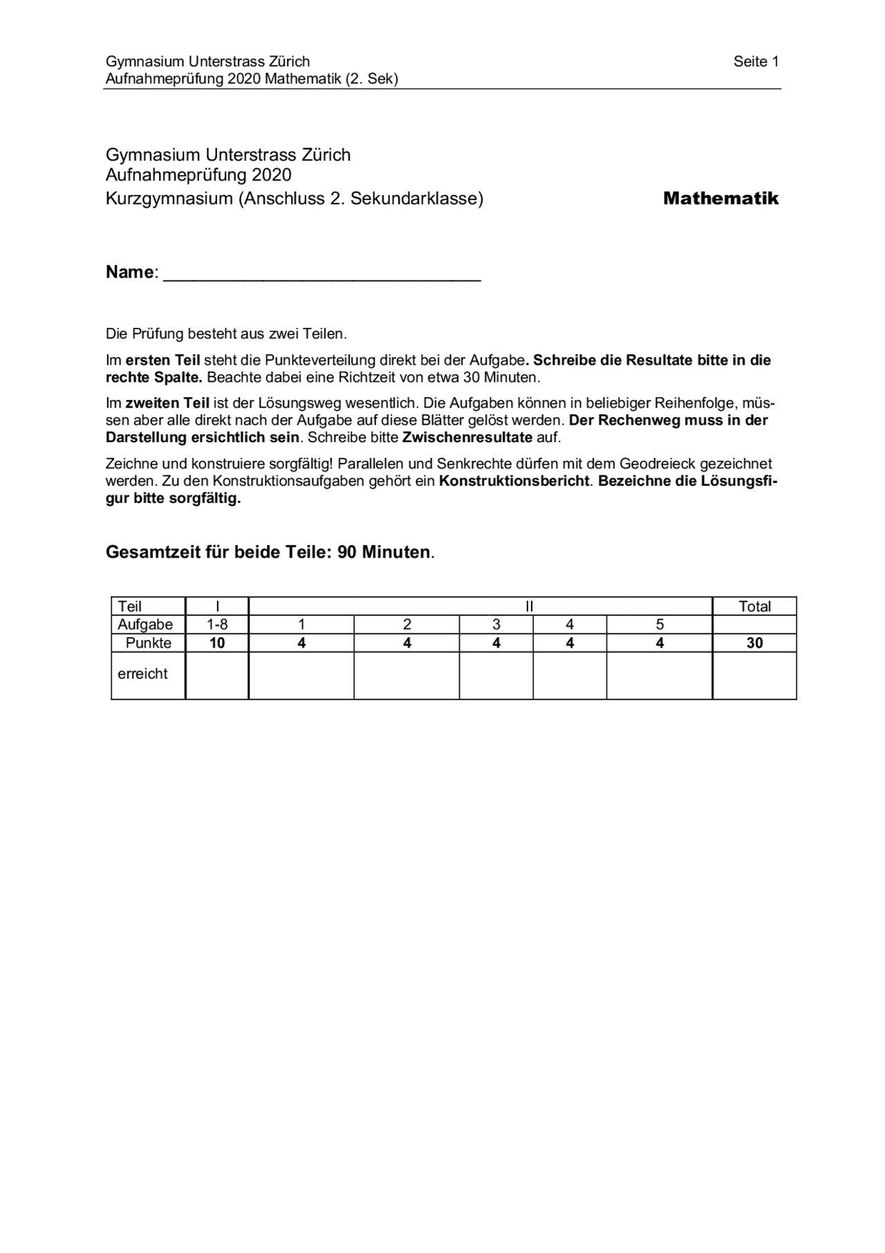 Gymnasium Unterstrass Zürich Aufnahmeprüfung 2020 ... | Leitfäden ...