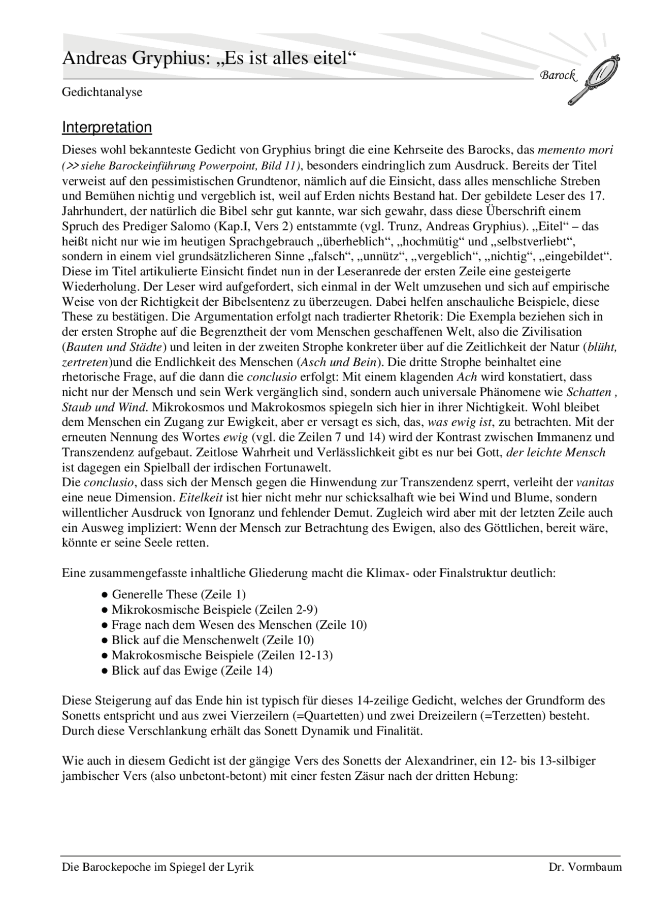 Es Ist Alles Eitel Gryphius Andreas Gryphius: „Es ist alles eitel“ | Mitschriften Rhetorik | Docsity