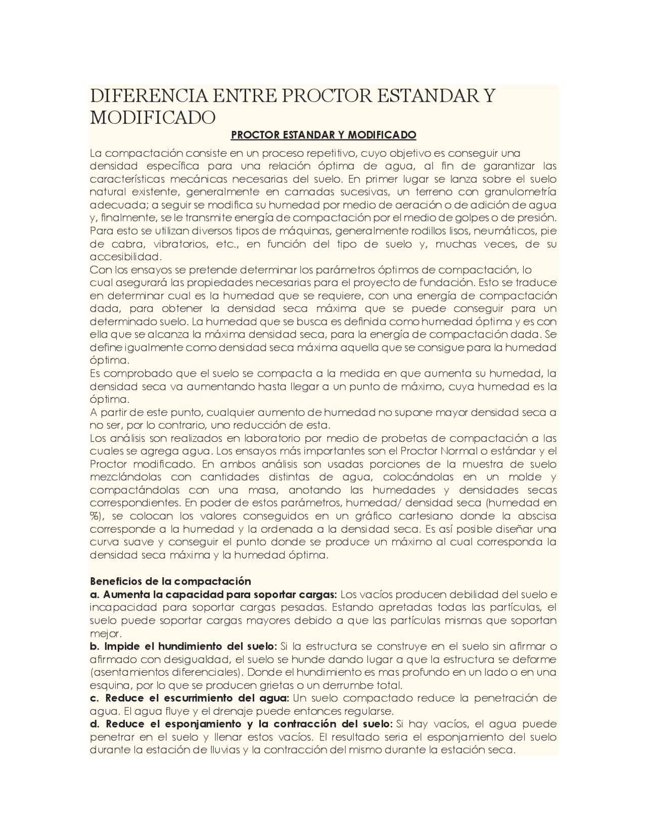 DIFERENCIA ENTRE PROCTOR ESTANDAR Y MODIFICADO Resúmenes de Mecánica de suelos Docsity