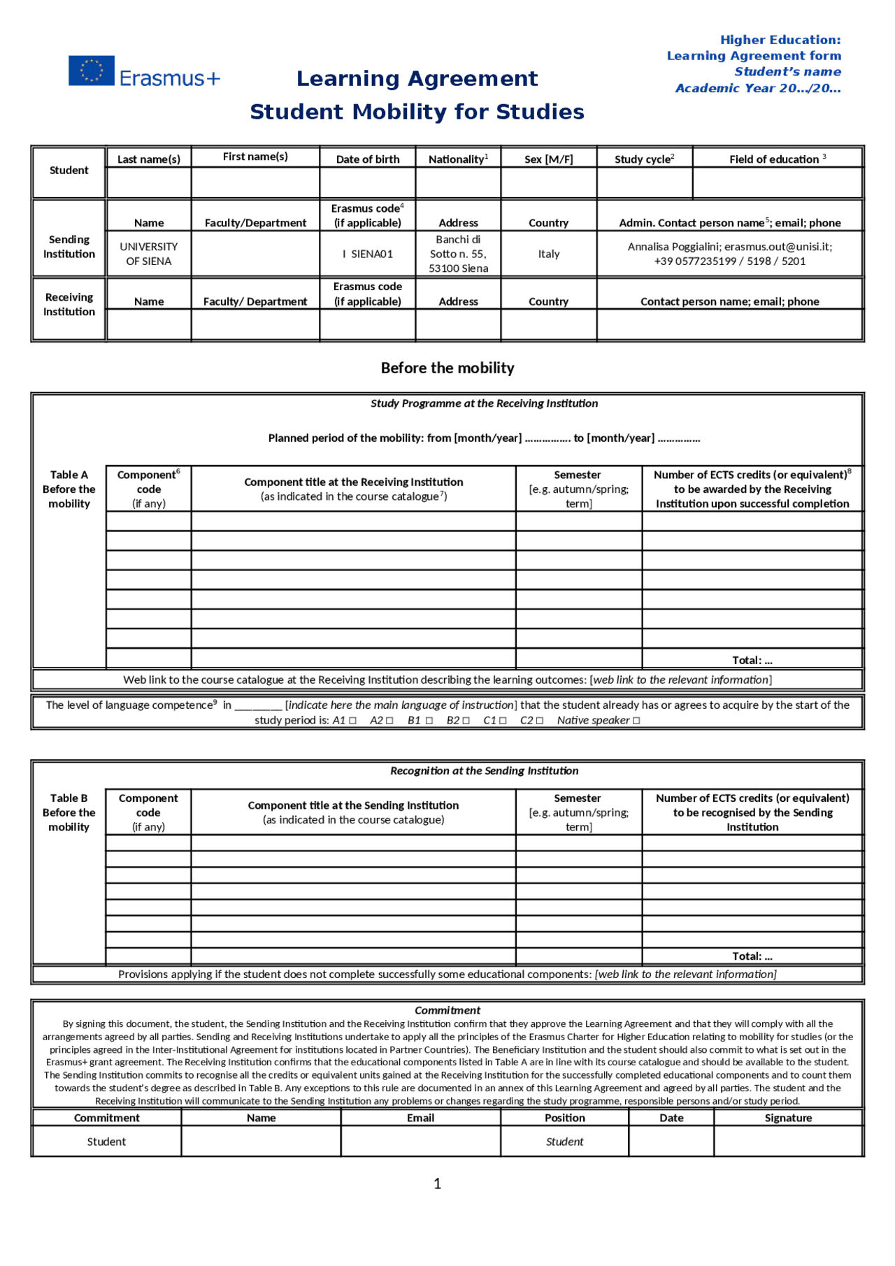 Learning agreement erasmus docsity