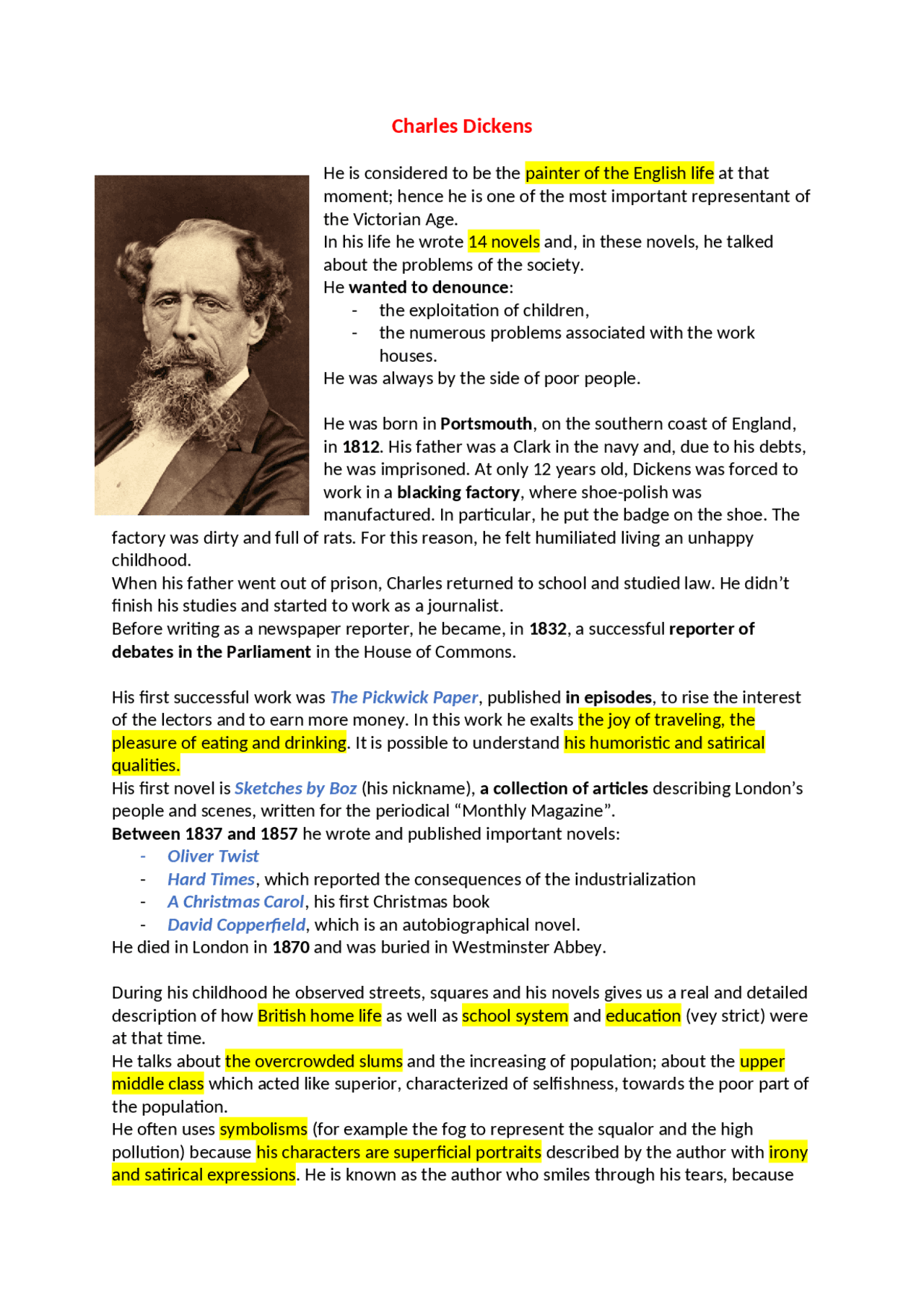 Charles Dickens and his position against the modern society - Docsity