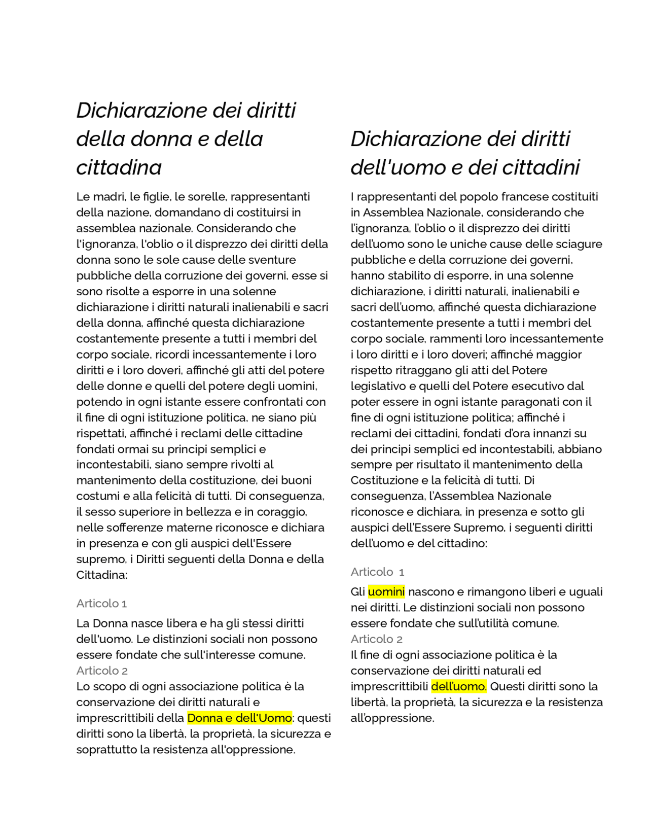 dichiarazione dei diritti della donna e della cittadina