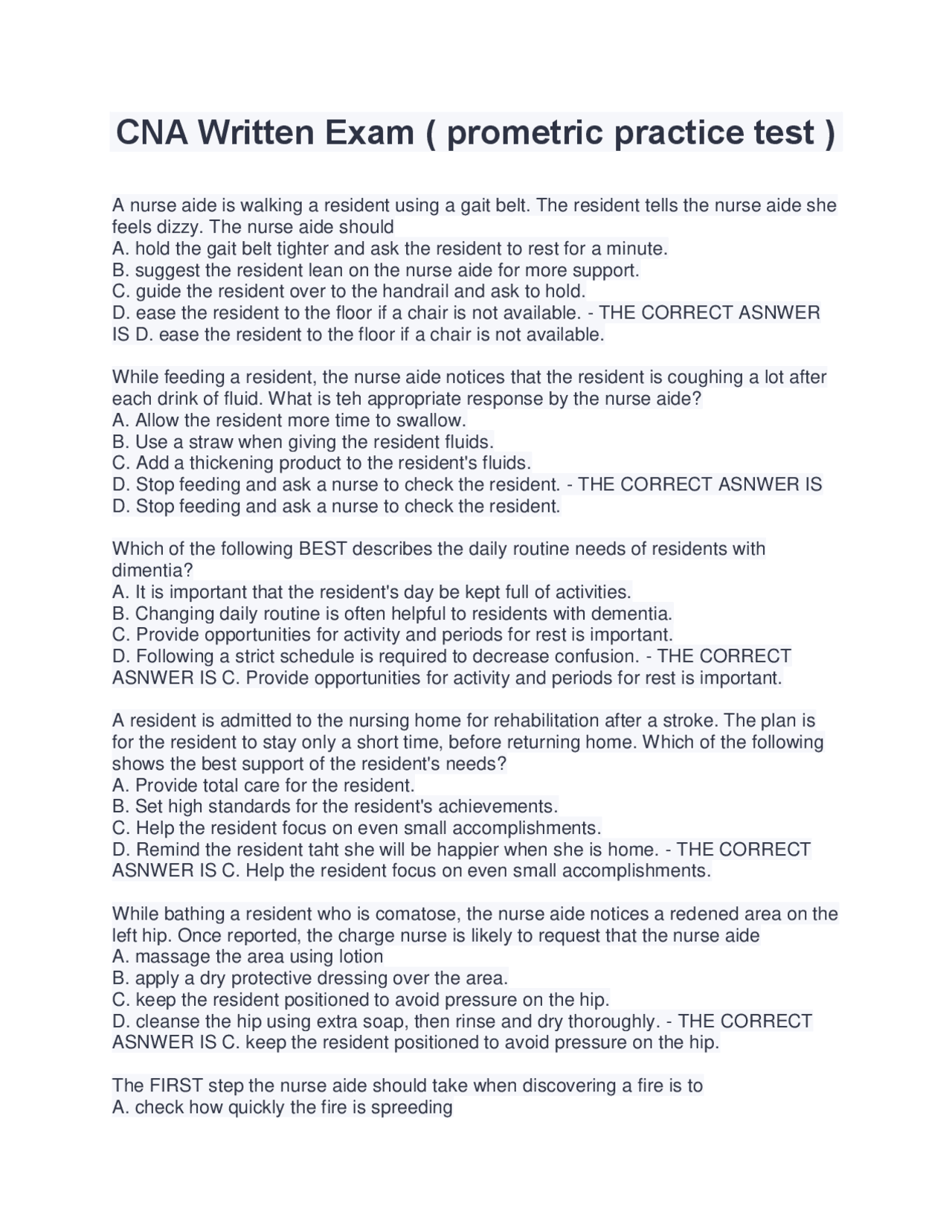 CNA Written Exam ( prometric practice test ) | Exams Nursing | Docsity