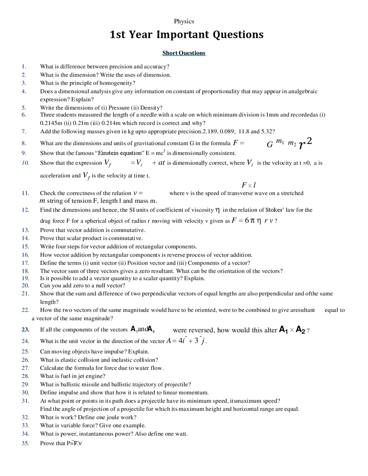 Physics Logical Question Physics important short questions | Schemes and Mind Maps Physics | Docsity