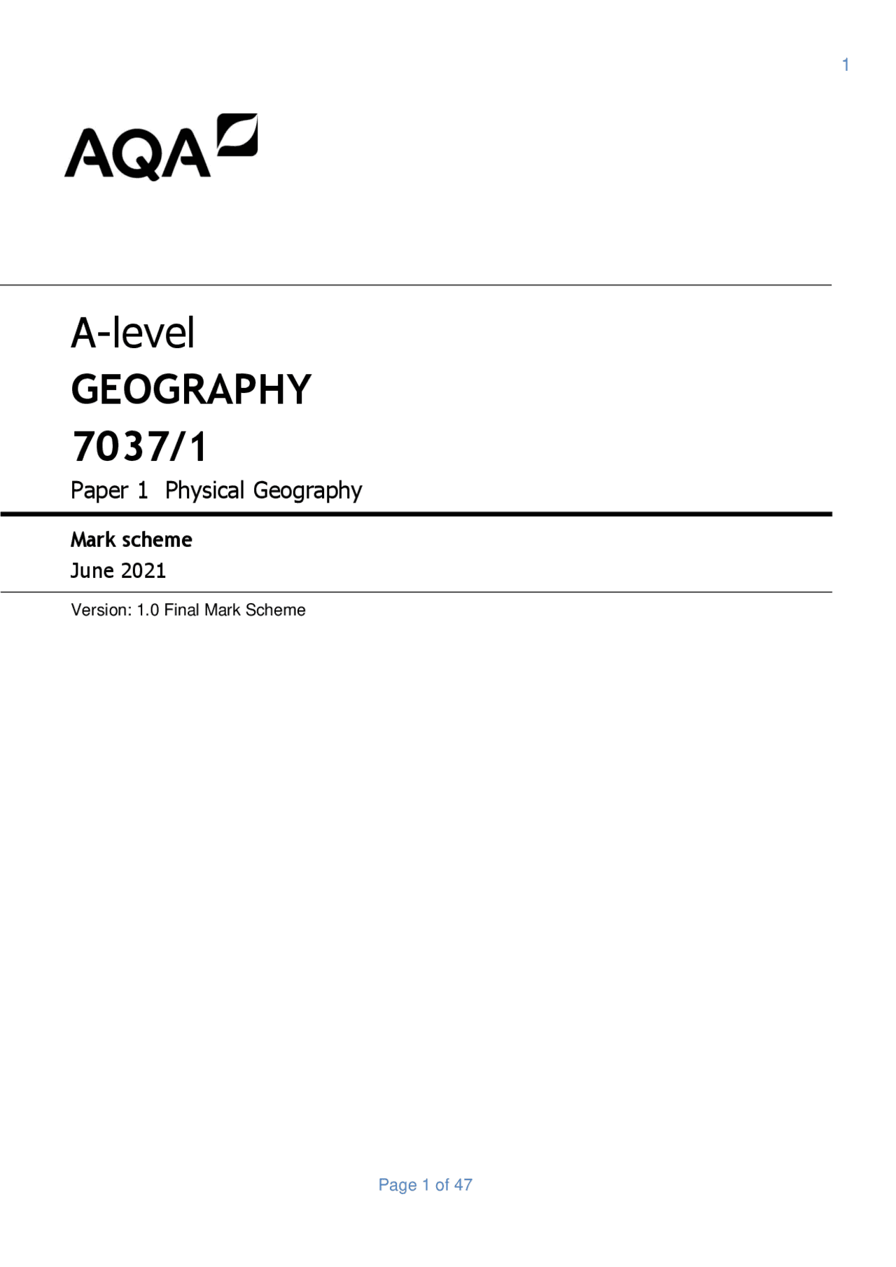 AQA A-level GEOGRAPHY 2021. | Exams Geography | Docsity