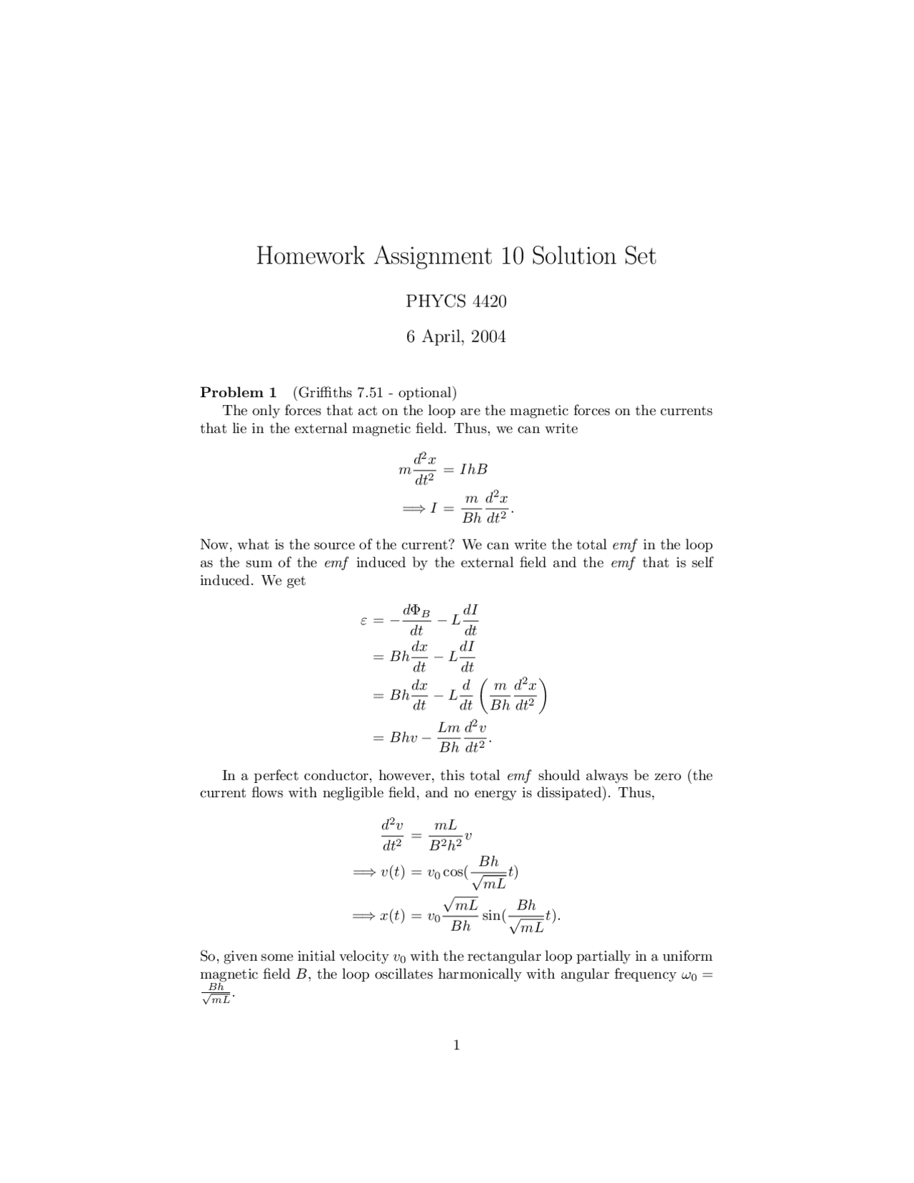 Solutions to Homework Assignment 10 in PHYCS 4420: Electromagnetism ...