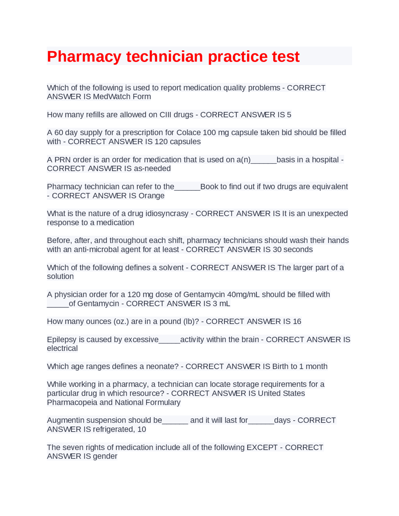 Pharmacy technician practice test with ANSWERS Docsity