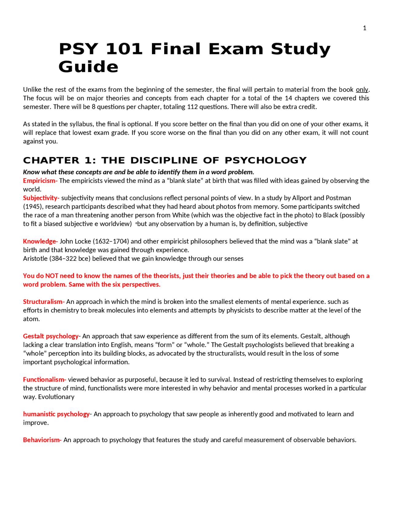 PSY 101 Final Exam Study Guide | Exams Physiology | Docsity