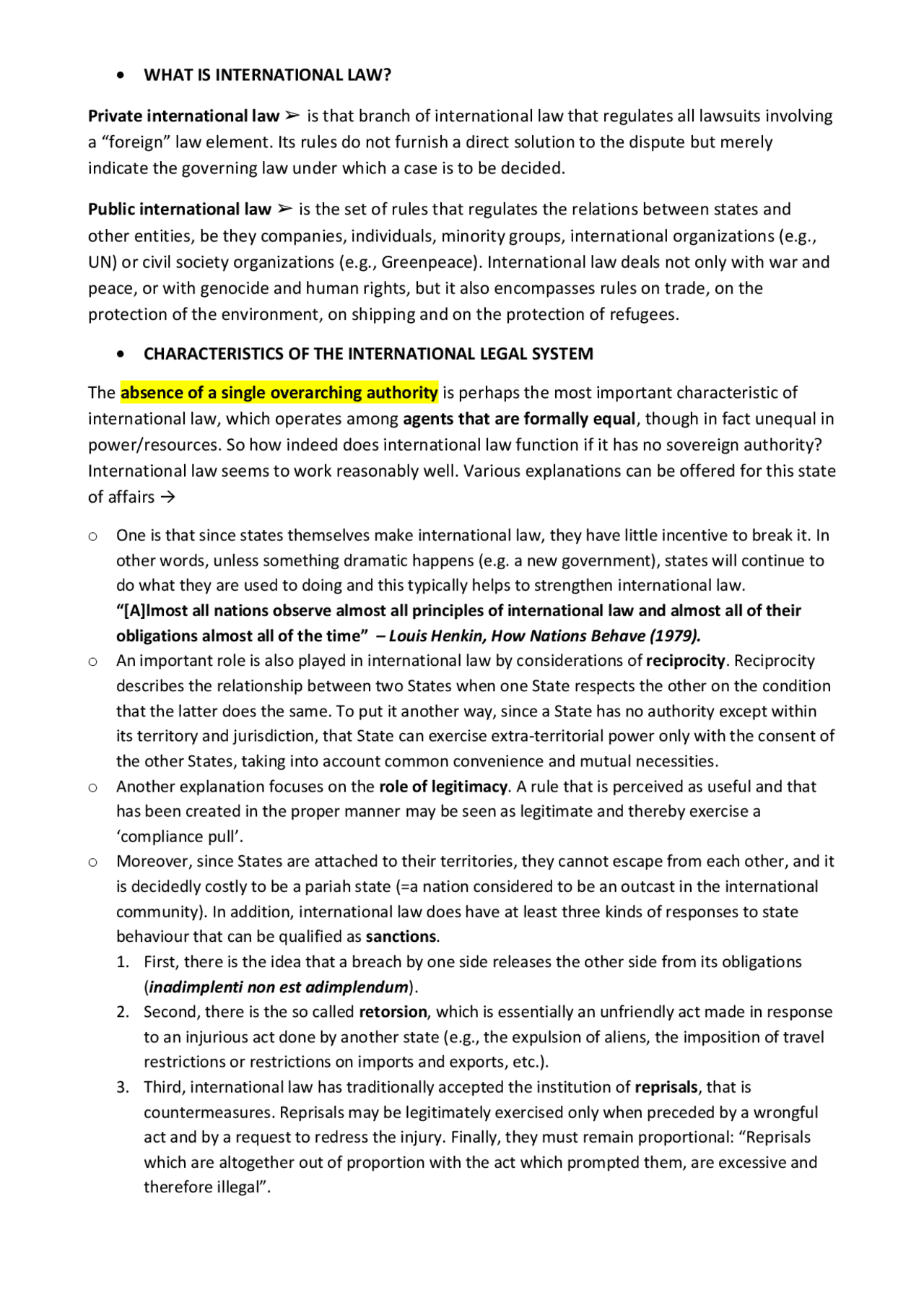 Riassunti International Law (libro + casi) Dispense di Diritto