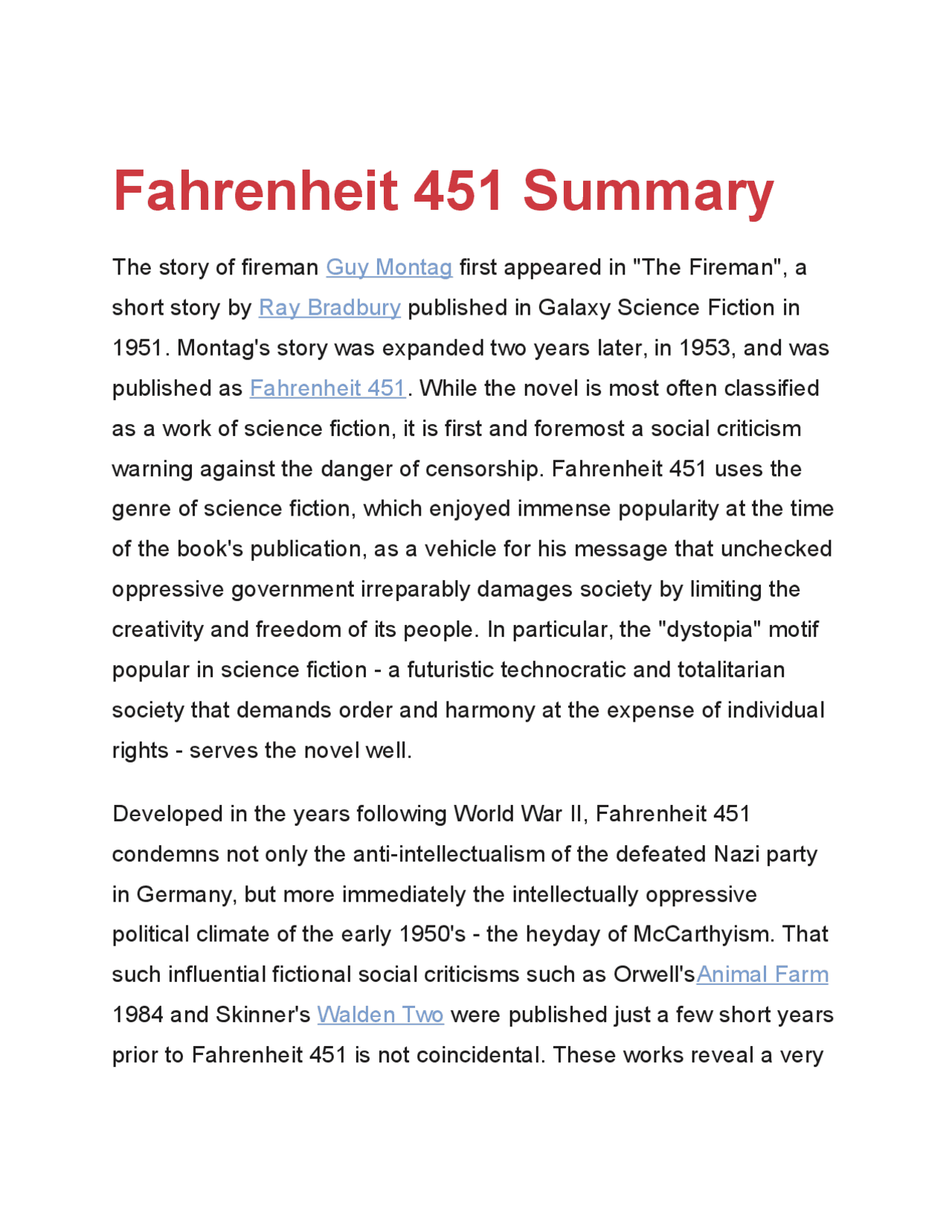 Fahrenheit 451 Summary Summaries English Literature Docsity
