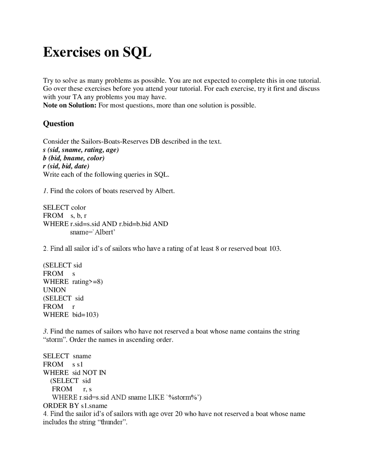 Exercises on SQL | Assignments Database Programming | Docsity