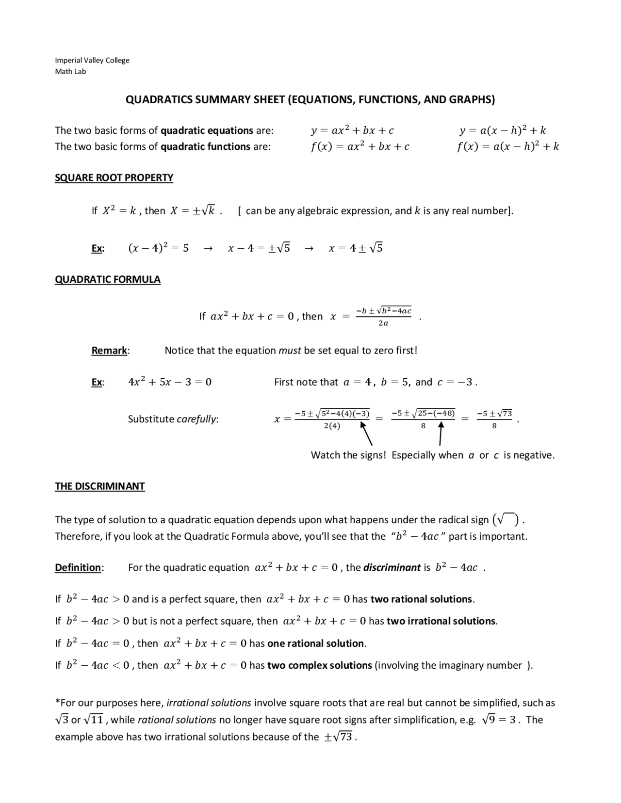 QUADRATICS SUMMARY SHEET (EQUATIONS ... | Study notes Algebra | Docsity