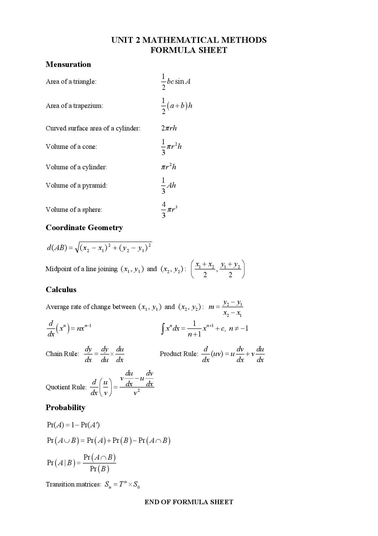 UNIT 2 MATHEMATICAL METHODS FORMULA SHEET | Slides Mathematical Methods ...