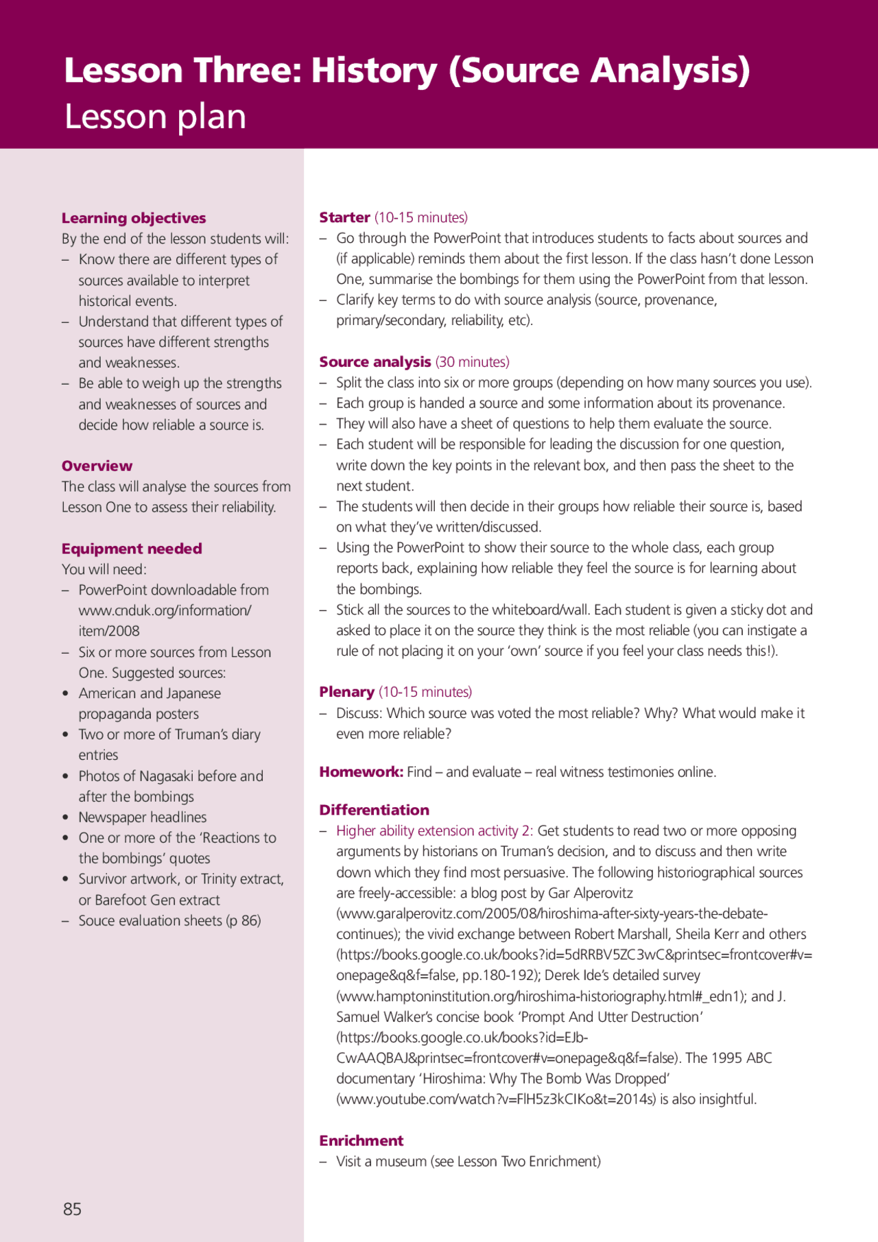 Sources In Lesson Plan History (Source Analysis) Lesson plan | Assignments History | Docsity