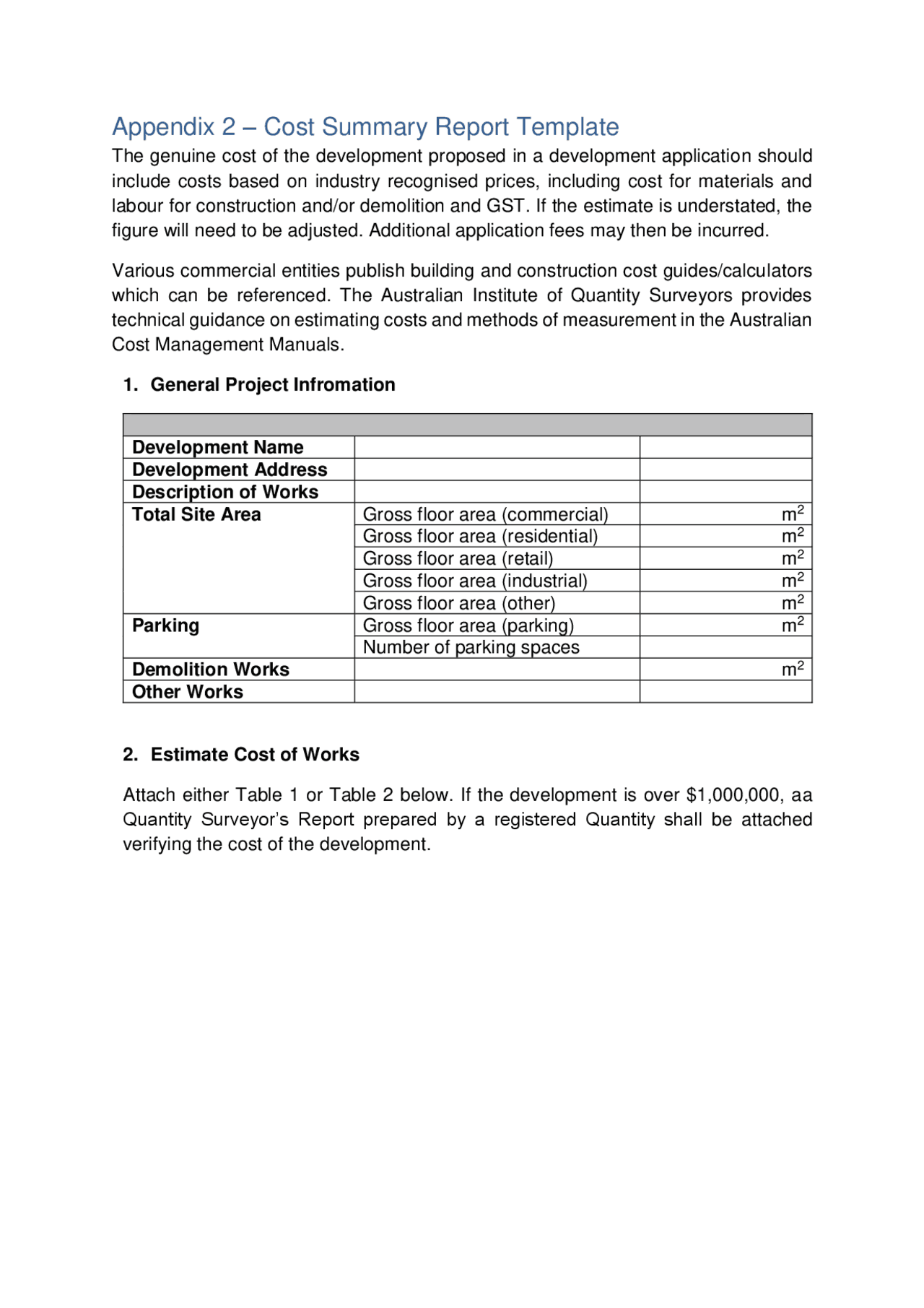 Appendix 2 – Cost Summary Report Template | Assignments Construction ...