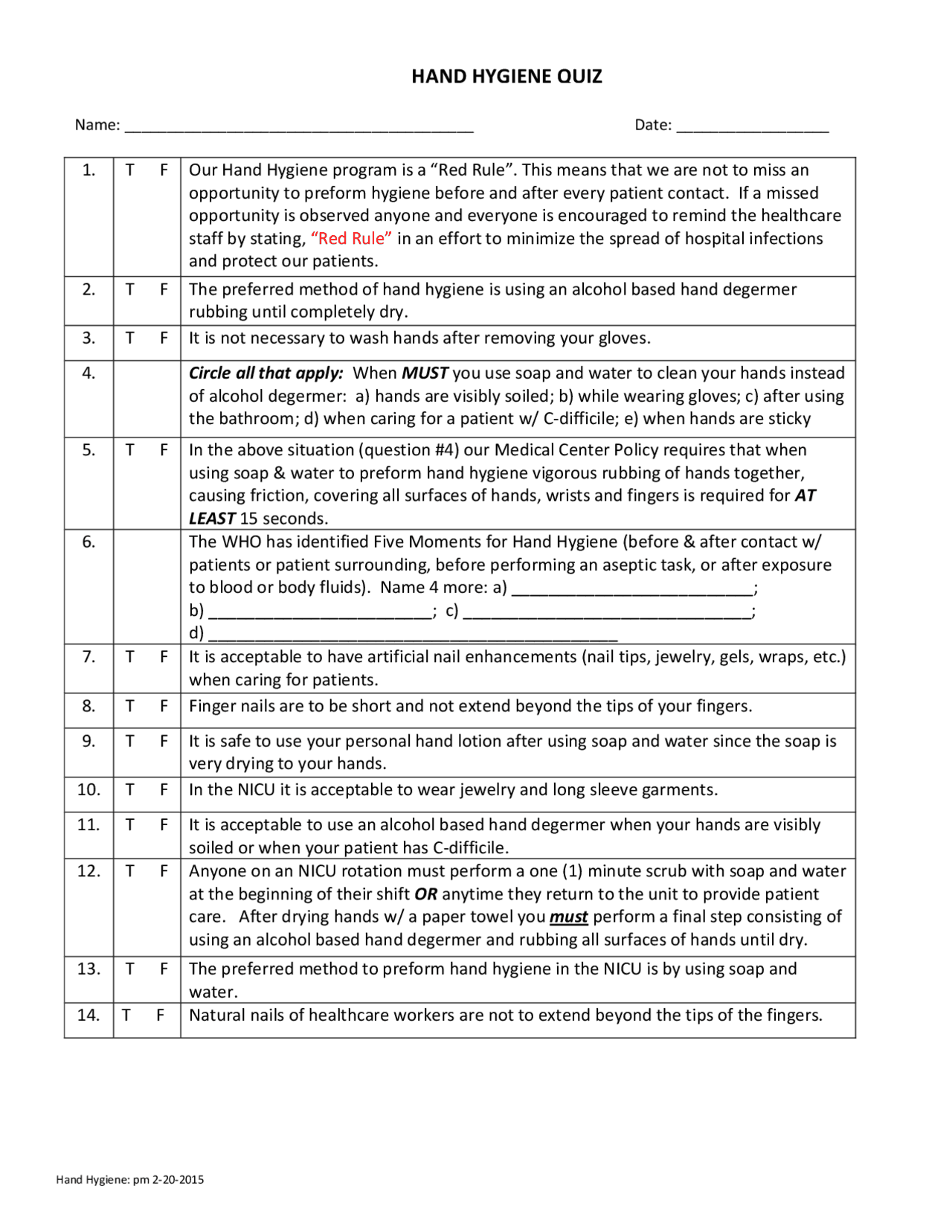HAND HYGIENE QUIZ Study Guides, Projects, Research Health sciences