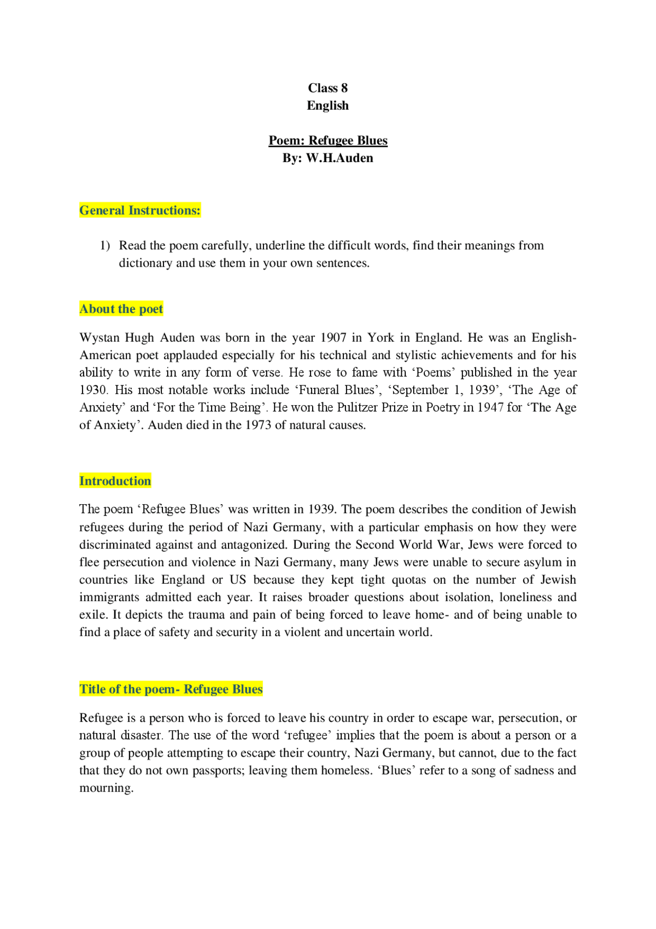 Class 8 English Poem Refugee Blues By Lecture notes English Language