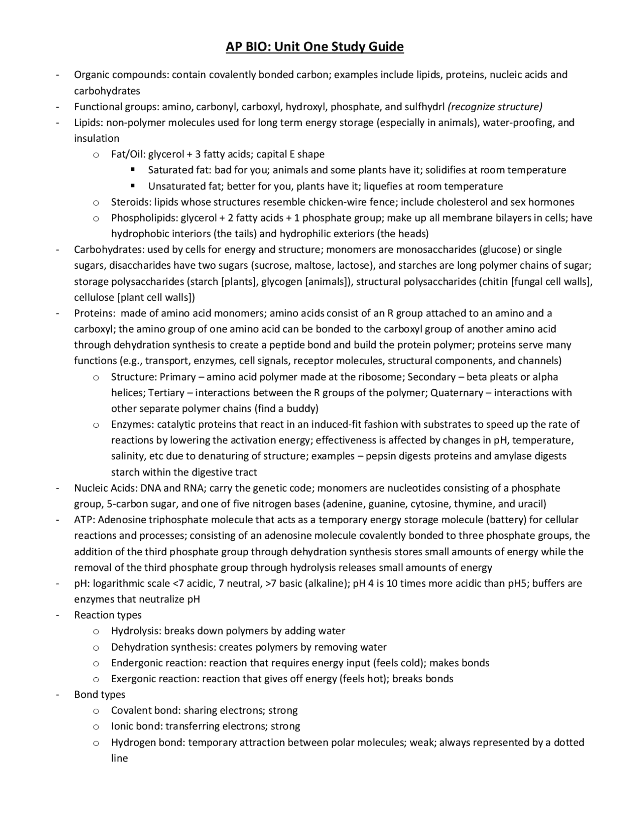 AP BIO: Unit One Study Guide | Exercises Biology | Docsity