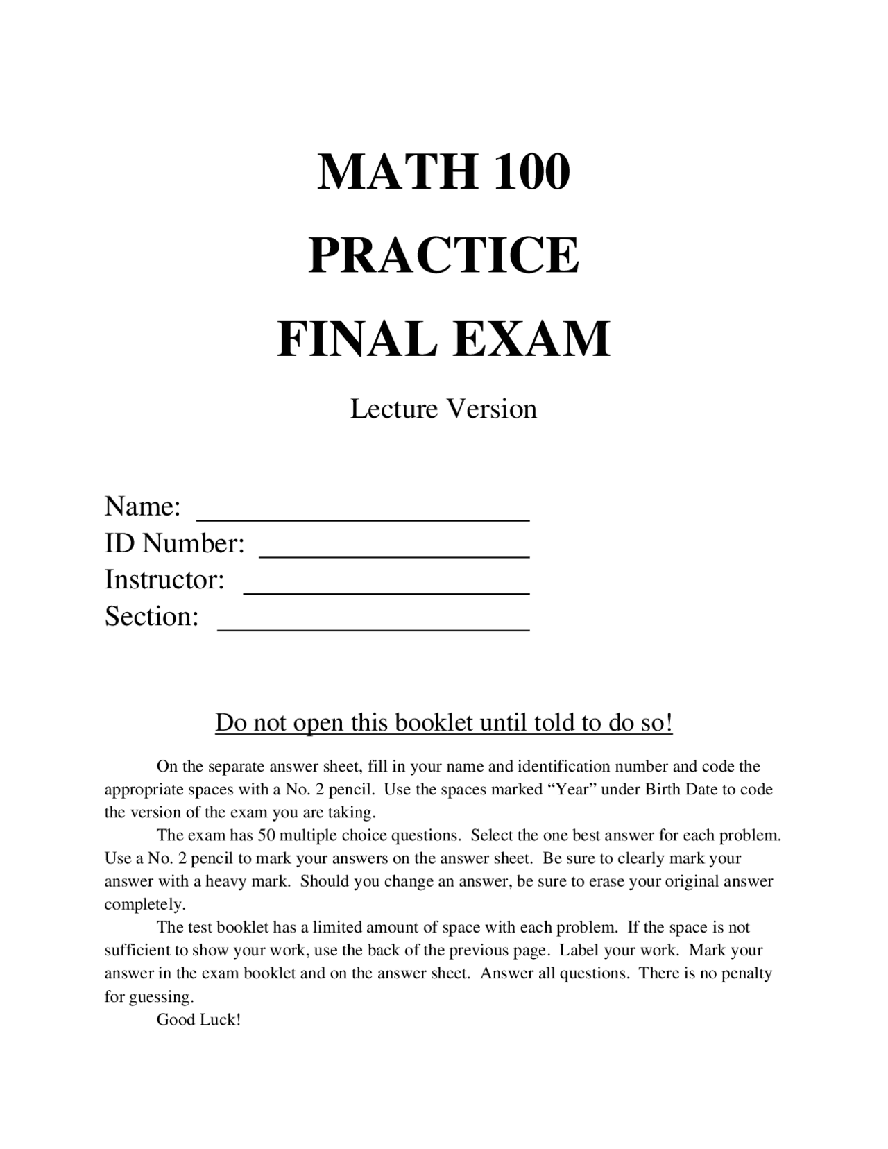 Mathematics Practice Final Exams | Exams Mathematics | Docsity