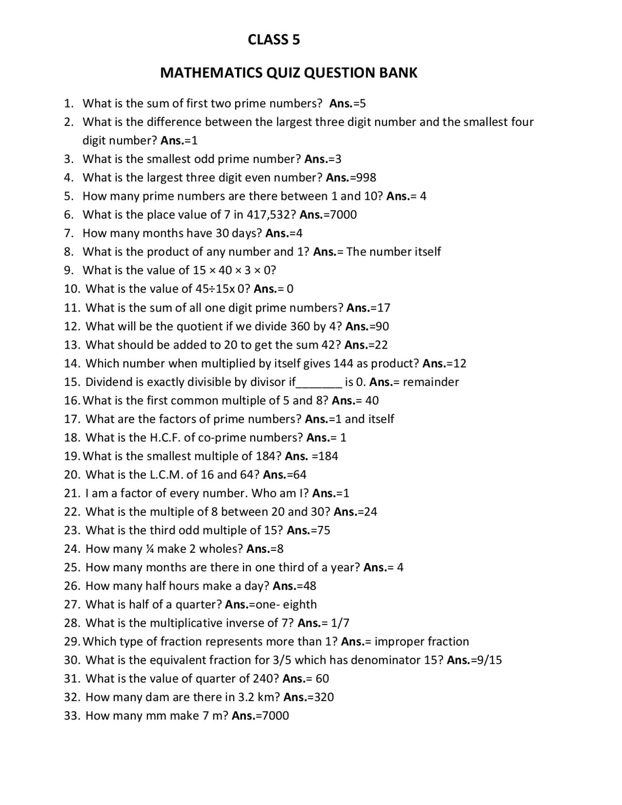 Mathmatics Quiz Questions with Solutions | Quizzes Mathematics | Docsity