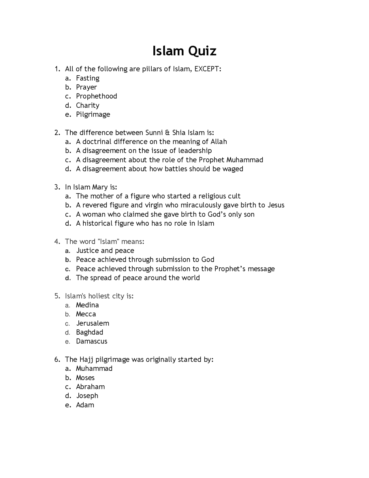 Matching Question Example Islam Islam Quiz | Lecture notes Islamic Studies and Culture - Docsity