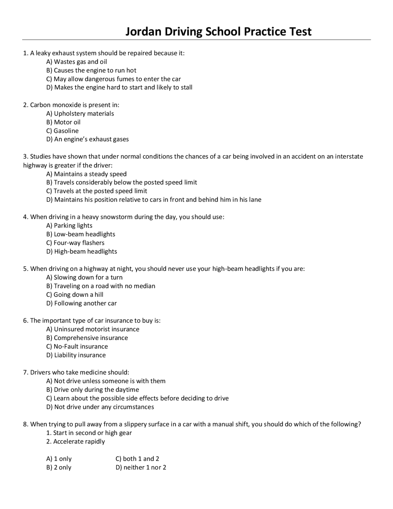 Jordan Driving School Practice Test Study notes Law Docsity